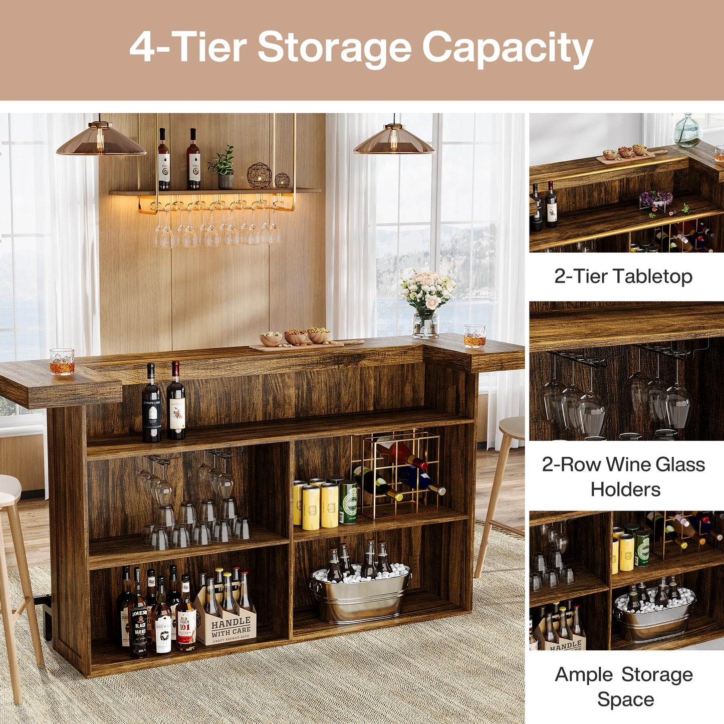 Tribesigns 4-Tier Bar Table, 70.9-Inch Large Wood Home Bar Unit with Wine Glass Holder and Black Footrest, Pub Table with Storage Shelves for Kitchen, Indoor, Brown