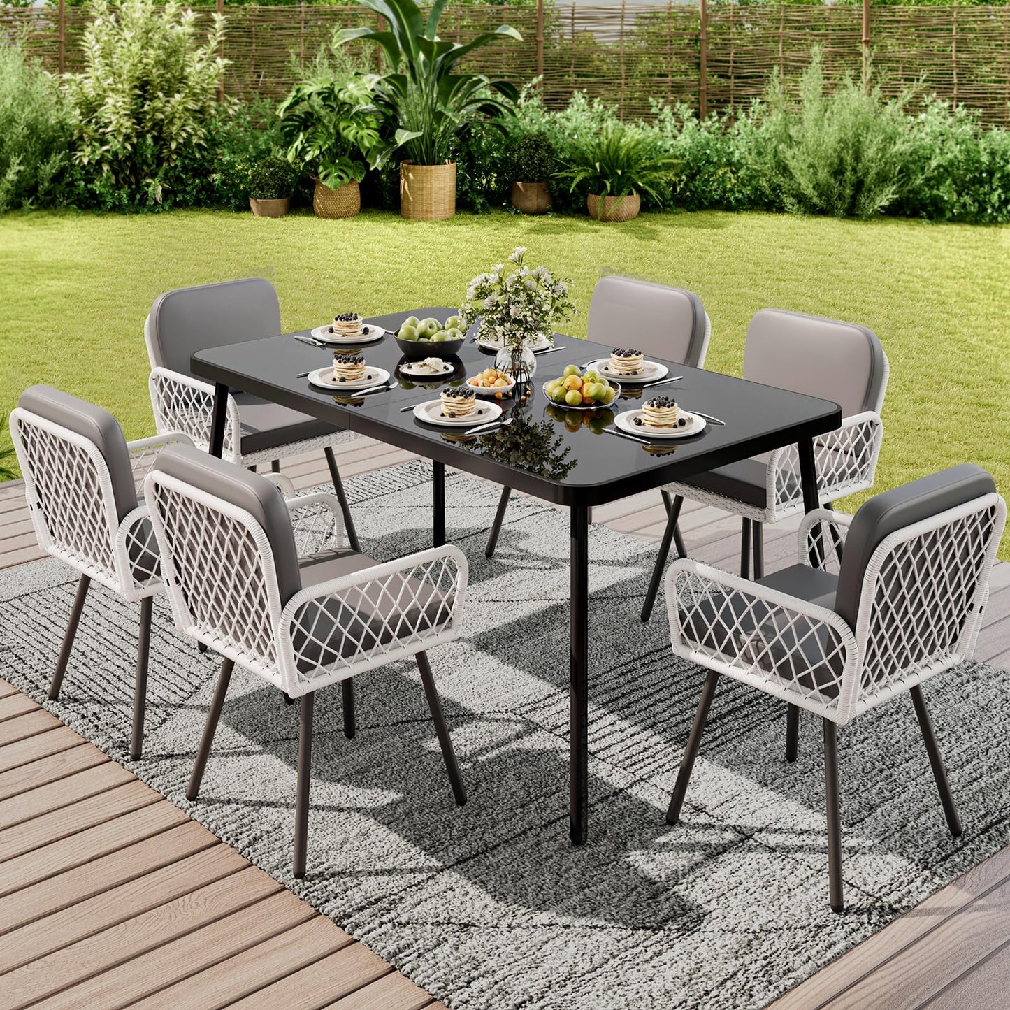 GarveeLife 7 Piece Patio Dining Set, Outdoor All-Weather Wicker Furniture with Table, Patio Conversation Sets with Cushions for Balcony, Garden, Sunroom, Porch