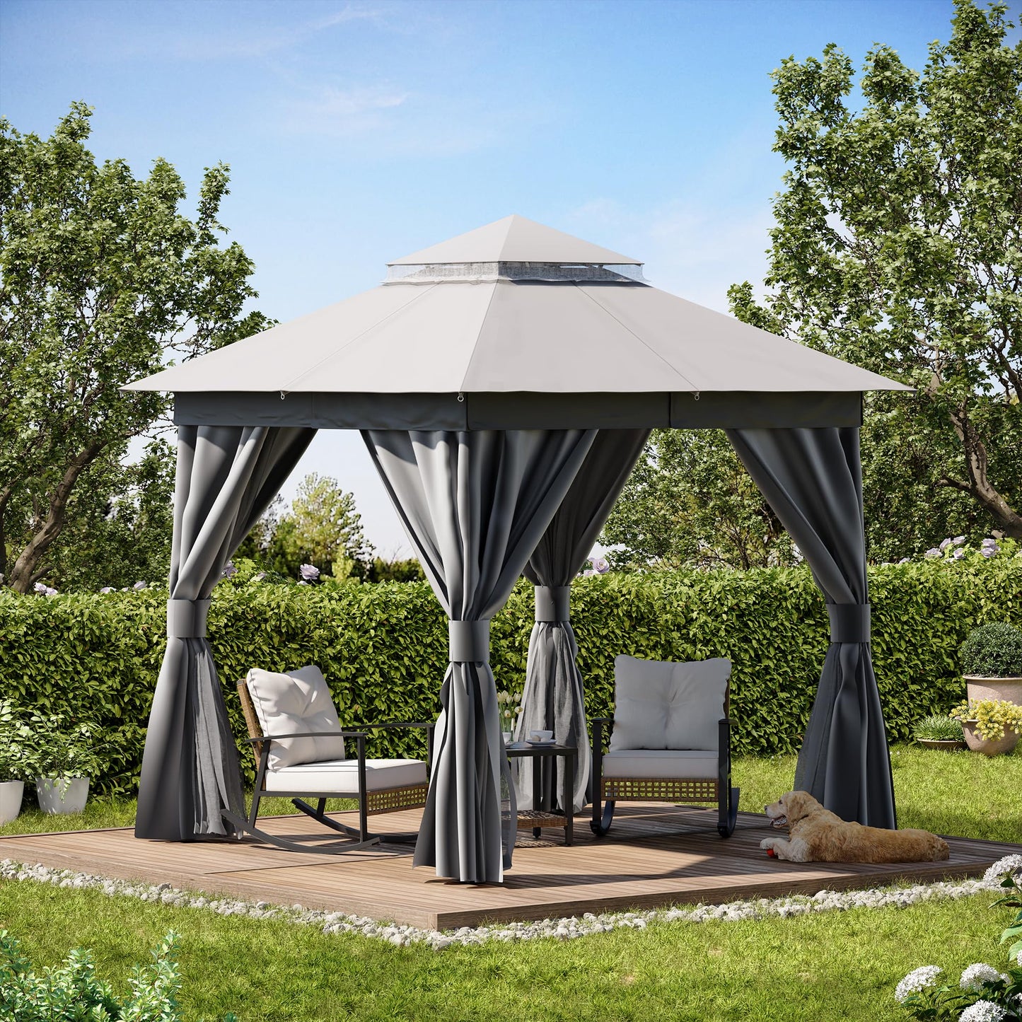 LAUSAINT HOME Patio Gazebo 8'x8', Outdoor Heavy Duty Party Tent Shelter with Double Roofs, Mosquito Nettings and Privacy Screens for Backyard, Garden, Lawn, Gray