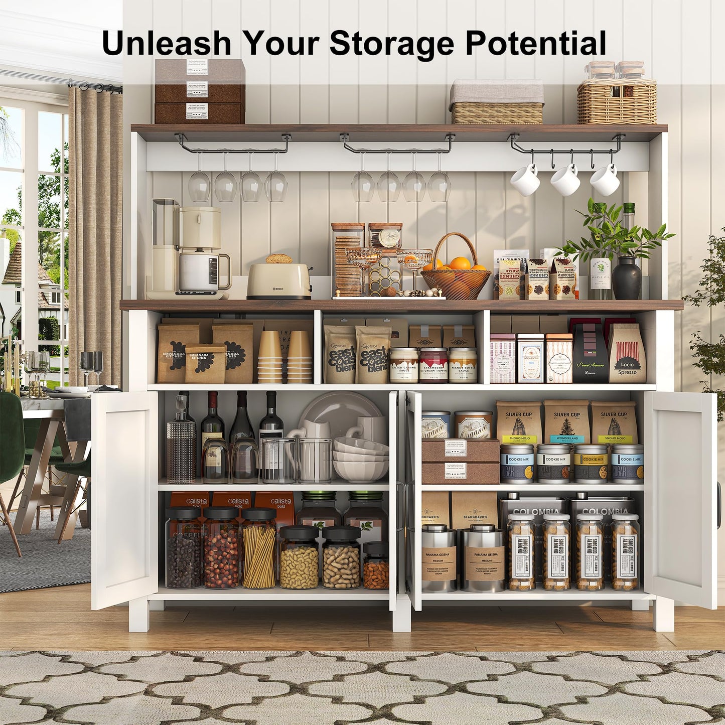 Buffet Sideboard with Storage Hutch with Power Outlets 4 Doors, Large Farmhouse Kitchen Storage Cabinet Wood Coffee Bar Cabinet with Goblet Holder and Cup Hooks for Kitchen, Dining Room, Entryway