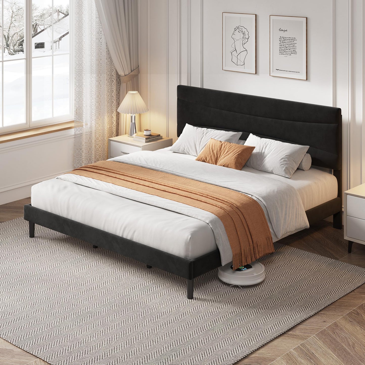 Garvee King Size Bed Frame with Headboard, Velvet Upholstered Platform Bed Frame No Box Spring Needed with Under-Bed Storage and Strong Wood Slats Support, Noise Free, Easy Assembly, Black