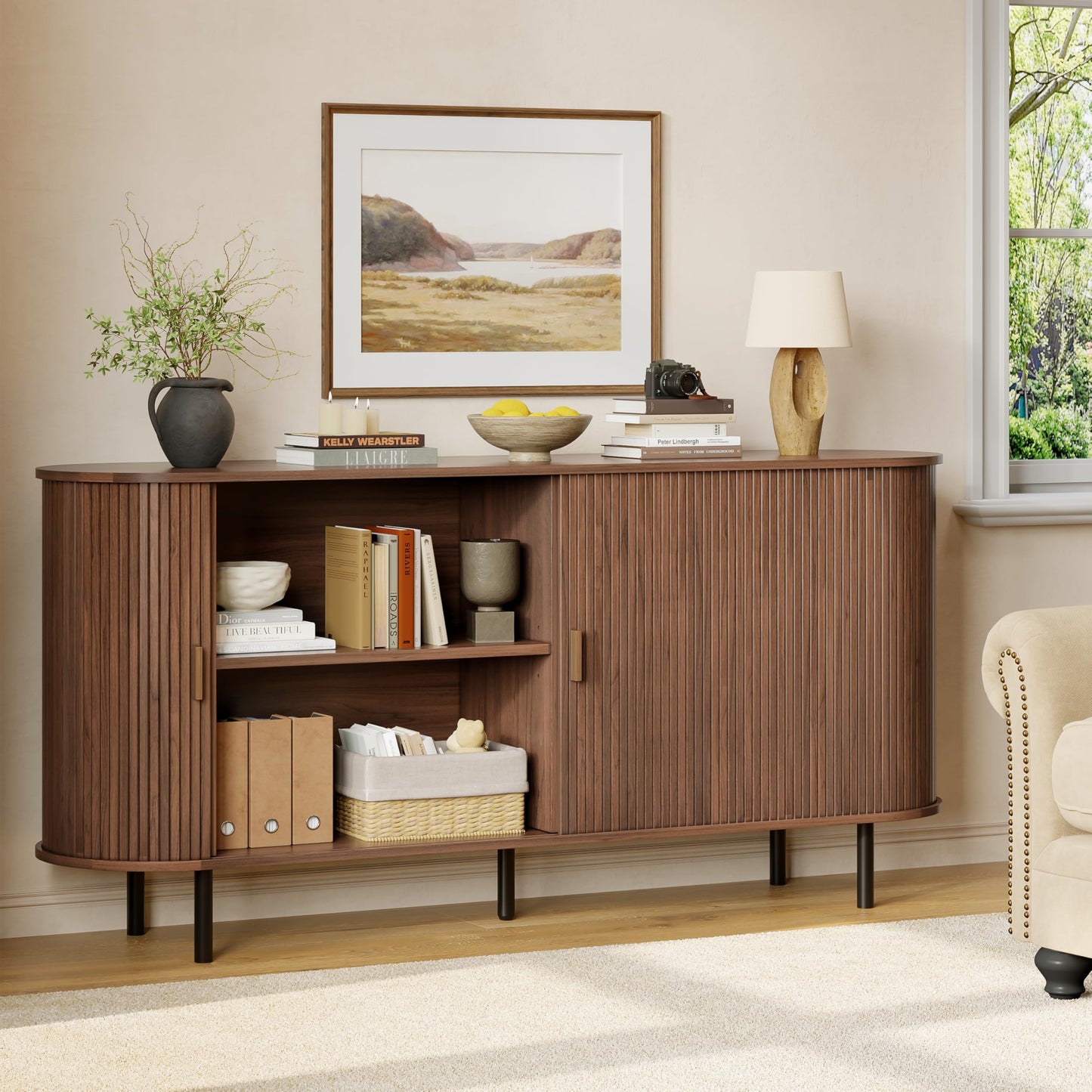 Buffet Sideboard Cabinet with Storage, 63" Fluted Cabinet with Sliding Door & Adjustable Shelf, Modern Accent Coffee Bar Console Table for Kitchen, Entryway, Walnut