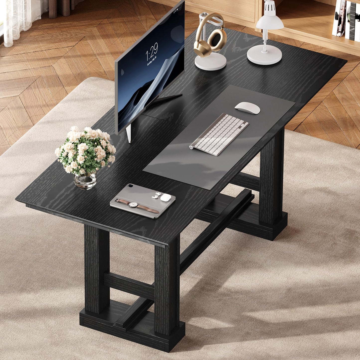 DWVO 70 Inch Computer Desk, Large Executive Office Table Workstation, Modern Farmhouse Style Laptop Wooden Sturdy Legs Writing Desk Business Furniture for Home, Black