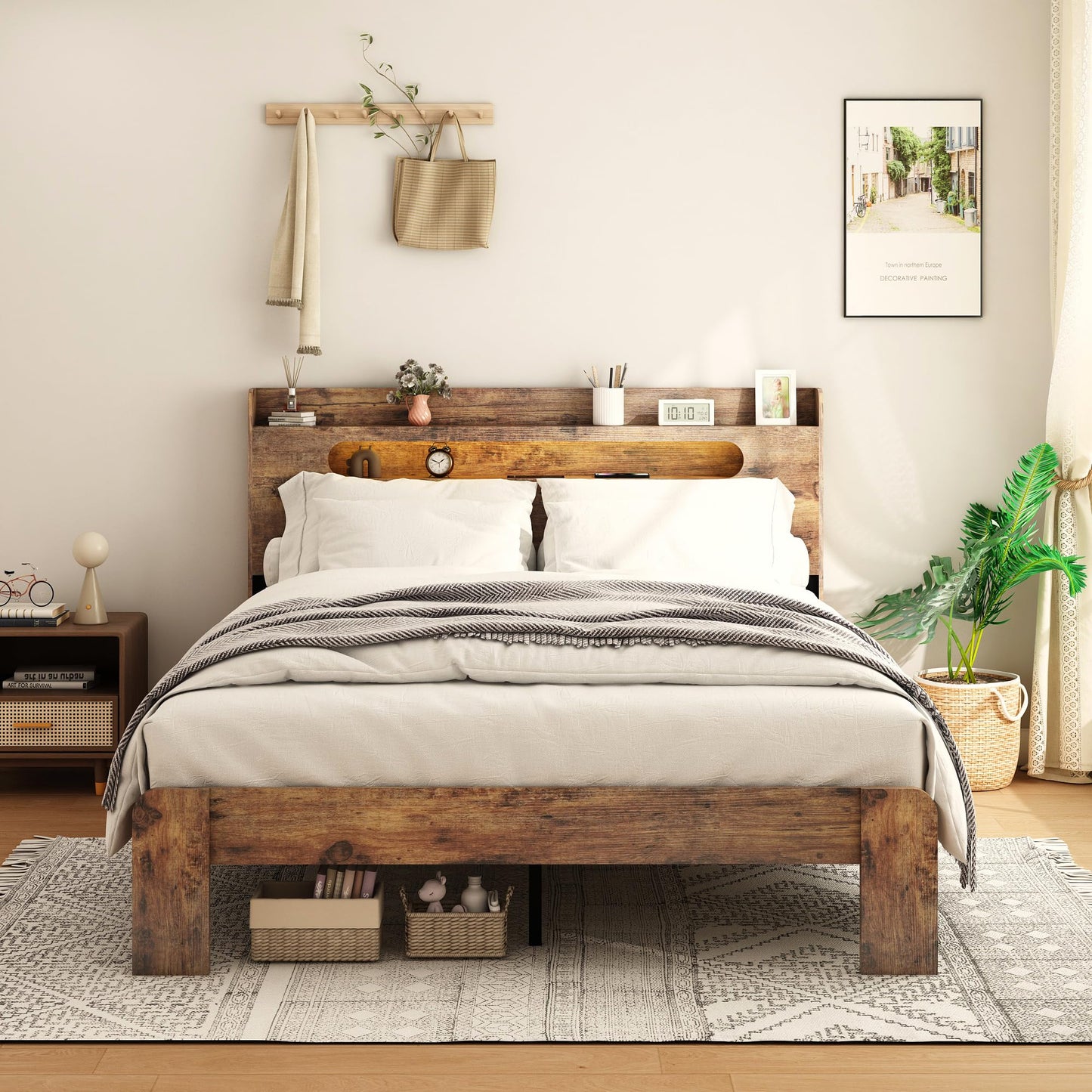 Ball & Cast King Size Bed Frame,Wood Platform Bed Frame King with Storage Headboard, LED Light & USB Port,Noise Free,No Box Spring Needed,Easy Assembly,Dark Brown