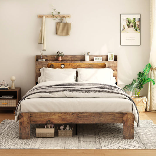 Ball & Cast King Size Bed Frame,Wood Platform Bed Frame King with Storage Headboard, LED Light & USB Port,Noise Free,No Box Spring Needed,Easy Assembly,Dark Brown