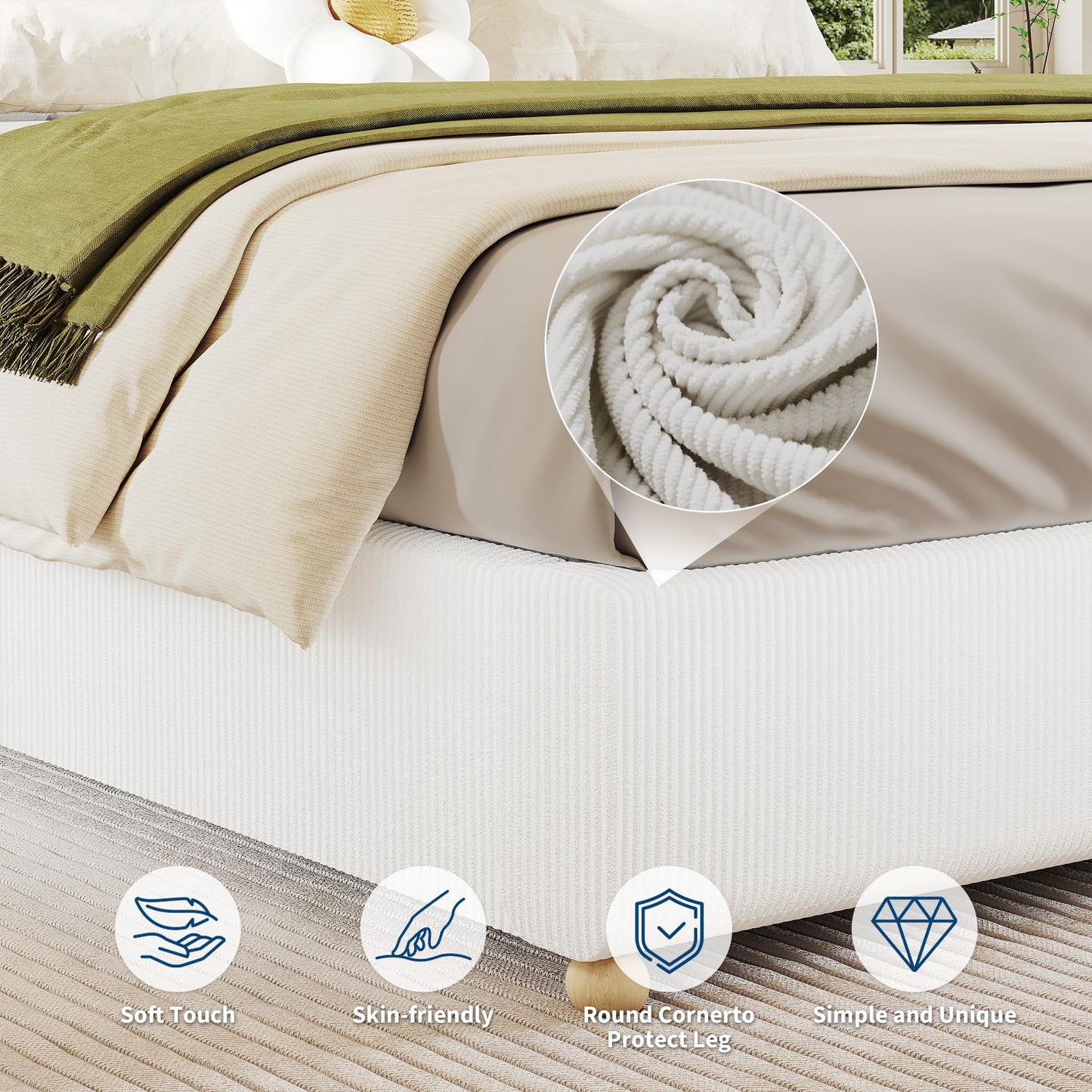 Queen Size Cloud Bed Frame,Upholstered Platform Bed with Solid Wood Legs, Corduroy Low Bed Frame for Bedroom,No Fixed Headboard, No Box Spring Needed,Noise Free, Easy Assembly,White