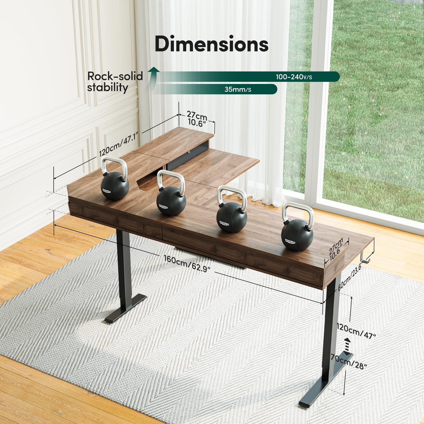 CubiCubi 63x48 Inches L Shaped Standing Desk with 3 Drawers and Monitor Shelf, Height Adjustable Corner Computer Desk with Hooks, Sit Stand Up Ergonomic Home Office Workstation Table, Deep Walnut