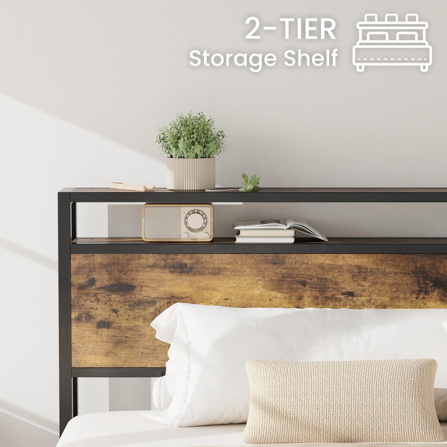 LIKIMIO California King Size Bed Frame, Platform Bed with 2-Tier Storage Headboard, Solid and Stable, Noise Free, No Box Spring Needed, Easy Assembly, Industrial Brown