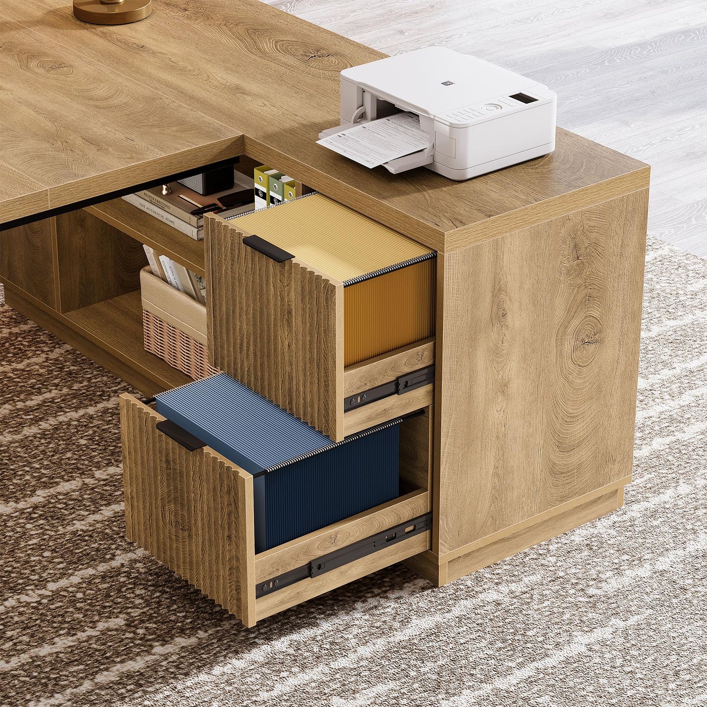 Tribesigns 78" L Shaped Desk with Drawers, Large Executive Office Desk with File Cabinet and Shelves, Modern Corner Computer Table Business Furniture for Home Office, Brown