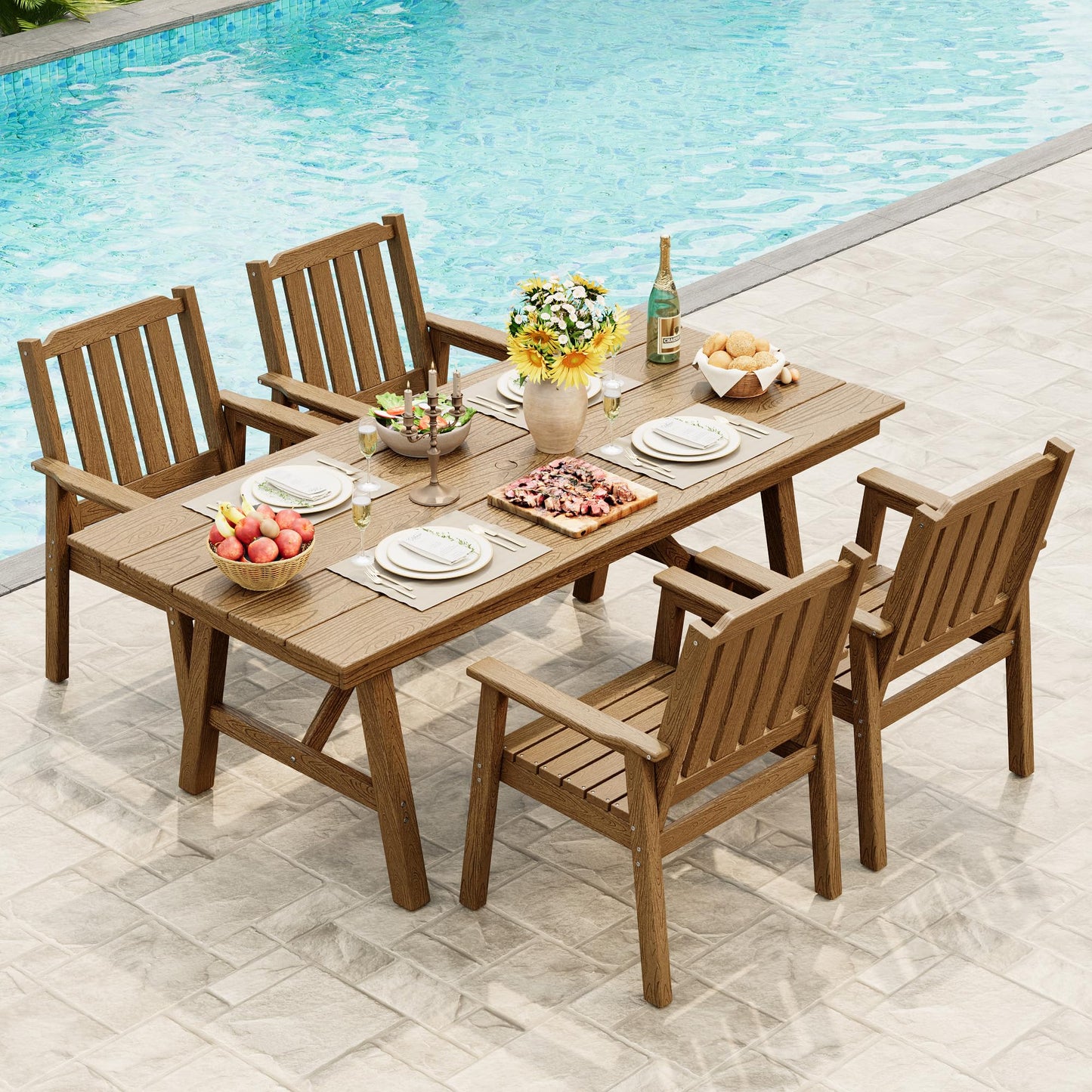 IDEALHOUSE 5-Piece Outdoor Patio Dining Set for 4-6, HDPE Table with Umbrella Hole and Sturdy Aluminum Frame, Weather-Resistant Garden Table and Chairs for Backyard, Poolside and Porch, Brown