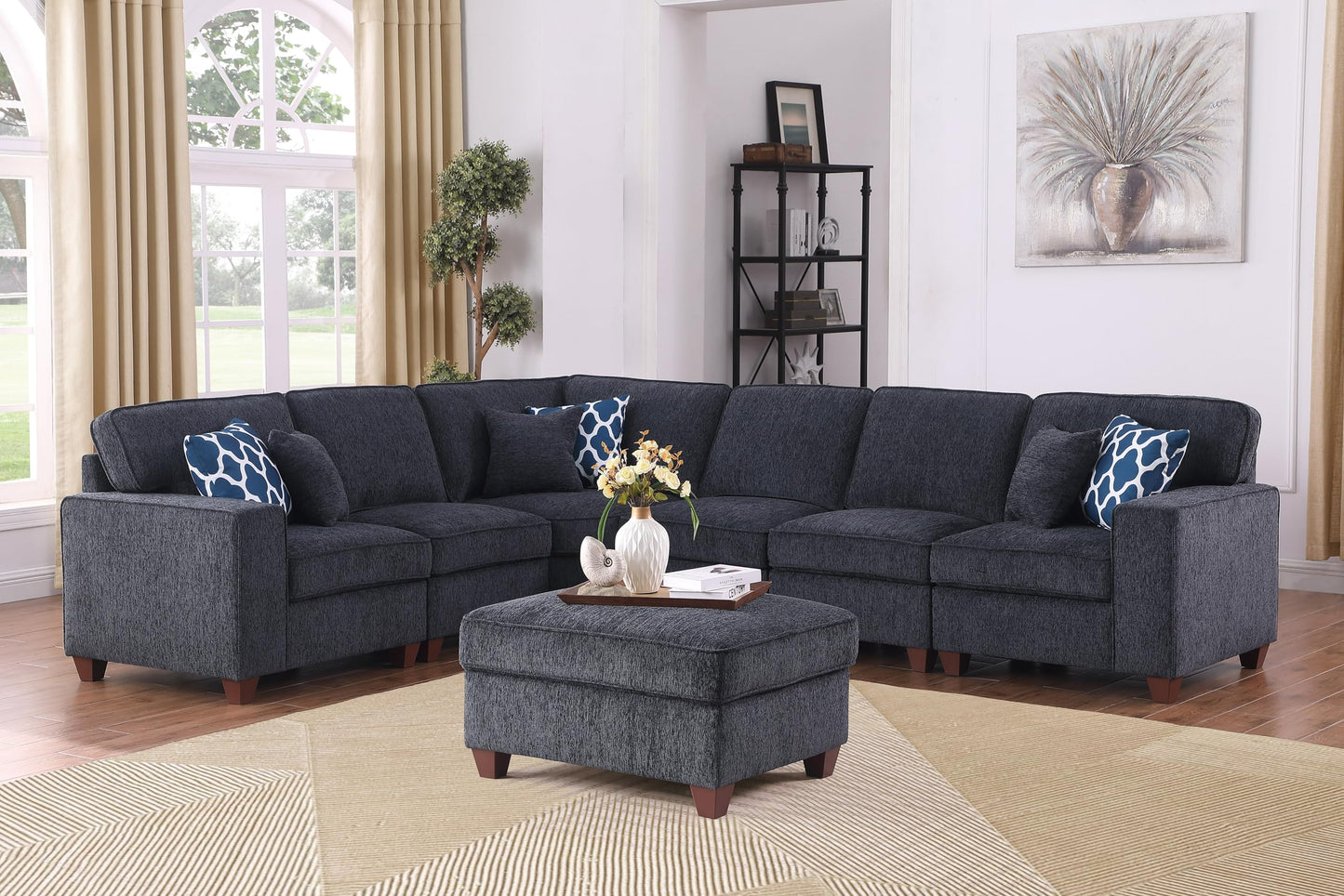 Ball & Cast 116" L-Shaped Sectional Couch with Movable Ottoman & 6 Throw Pillow,7 Seat Chenille Upholstered Sectional Sofa W/Wide Armrest,DIY Combination,Comfy Sectionals Set for Living Room,Dark Gray