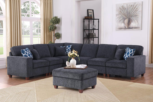 Ball & Cast 116" L-Shaped Sectional Couch with Movable Ottoman & 6 Throw Pillow,7 Seat Chenille Upholstered Sectional Sofa W/Wide Armrest,DIY Combination,Comfy Sectionals Set for Living Room,Dark Gray