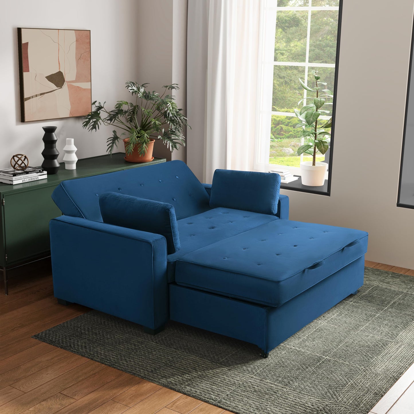 Serta Ainsley 66.5" Convertible Sleeper Loveseat, Full Size, Dreamcoil Comfort, Soft Velvet Fabric, Navy