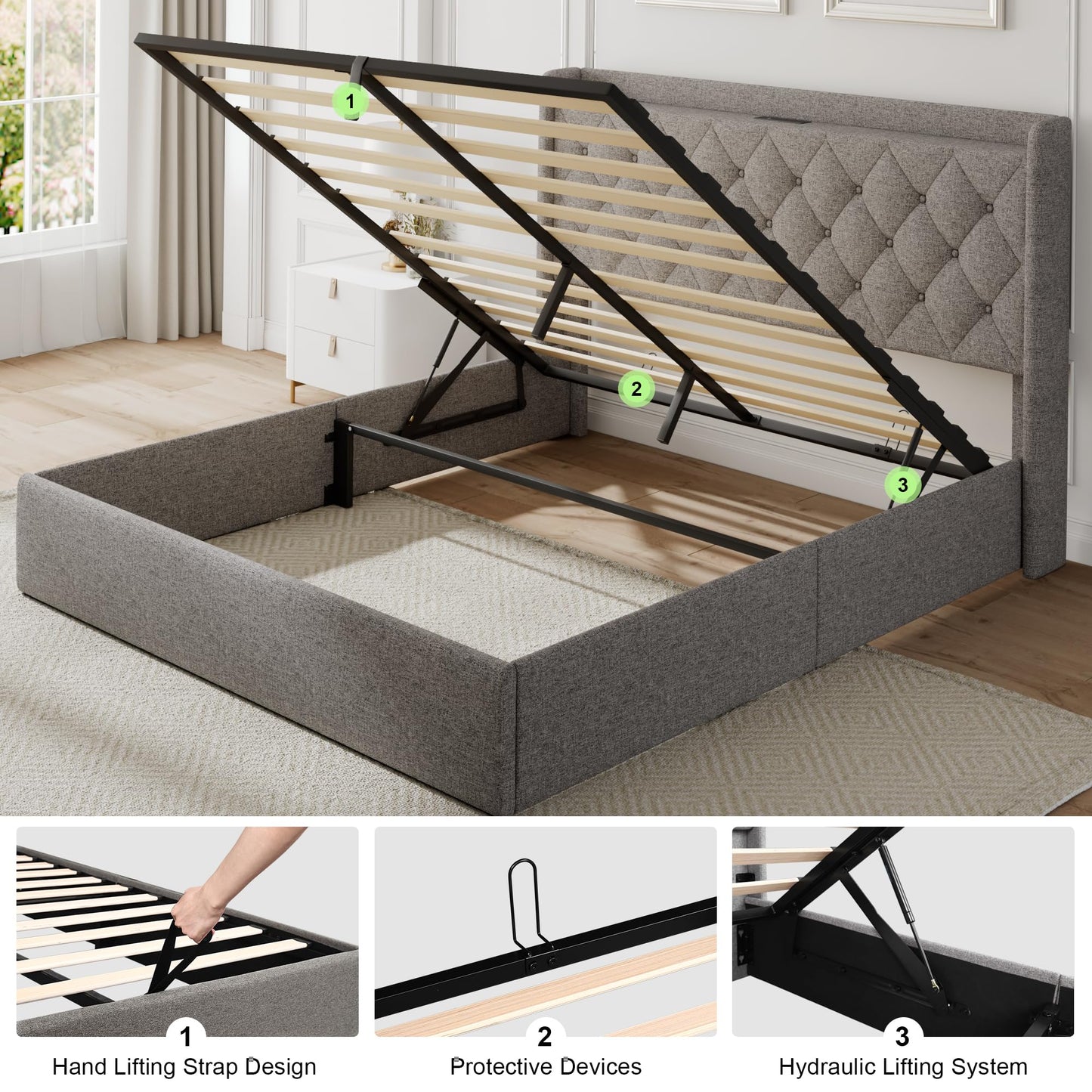 Feonase Queen Bed Frame with Storage & Charging Station - Hydraulic Lift Up Platform Bed, Upholstered Button Tufted Headboard, Sturdy Wooden Slats, Noise-Free, No Box Spring Needed,Light Gray