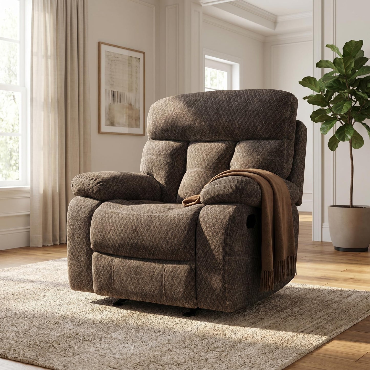 Trygoal Manual Recliner Chair, Nursery Chair, Cashmere Recliner Chair for Adults, Lazy Boy, Gaming Recliner with Overstuffed Arms, Suitable for Home Theater, Living Room, Bedroom, Brown