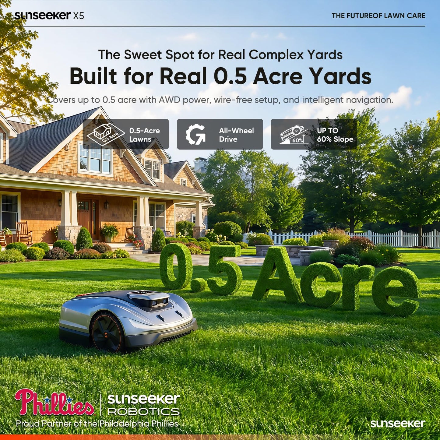 Sunseeker X5 AWD Robot Lawn Mower, 0.5 Acre / 21,780 Sq. Ft., Wireless No Boundary Wire Mower with RTK Vision Navigation, AI Obstacle Avoidance, App Control