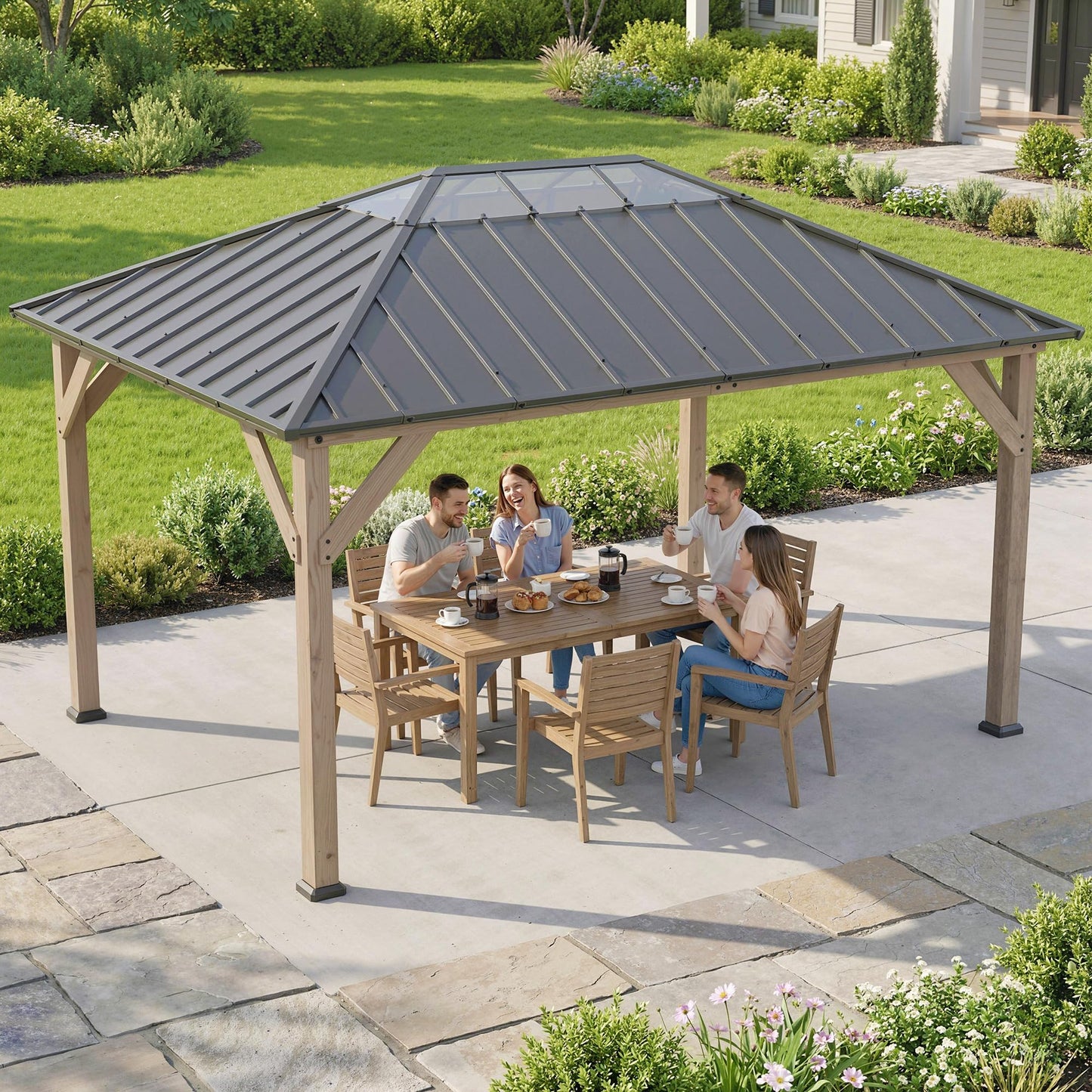 Outsunny 12' x 16' Hardtop Gazebo with Galvanized Steel Roof, Wood Permanent Pavilion Canopy Shelter with Clear Roof Top, UPF50+ Protection, Ceiling Hooks for Lawn, Backyard, Deck, Light Walnut