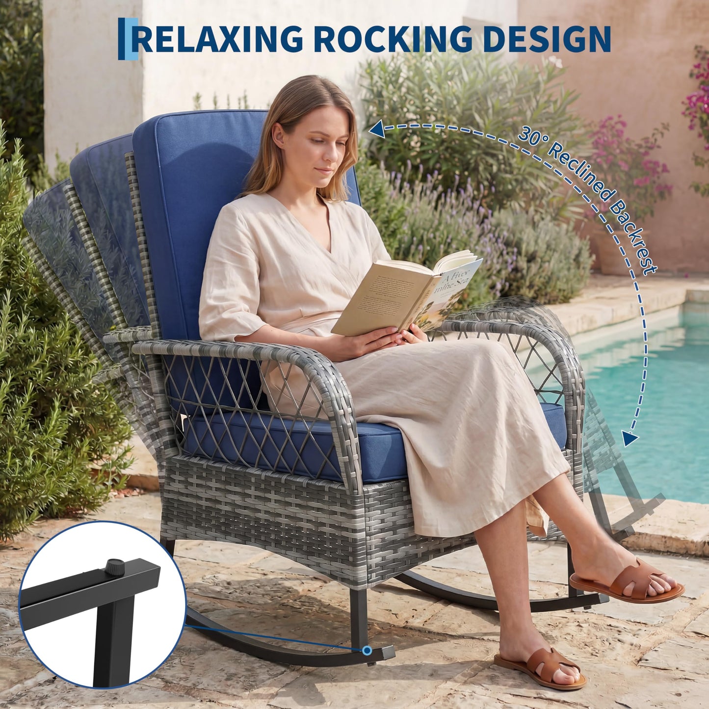GarveeHome 3-Piece Outdoor Rocking Chair Set, Wicker Rattan Patio Furniture with Glass-Top Coffee Table, Modern Conversation Seating with Cushions for Porch, Backyard (Gary Rattan & Blue Cushion)