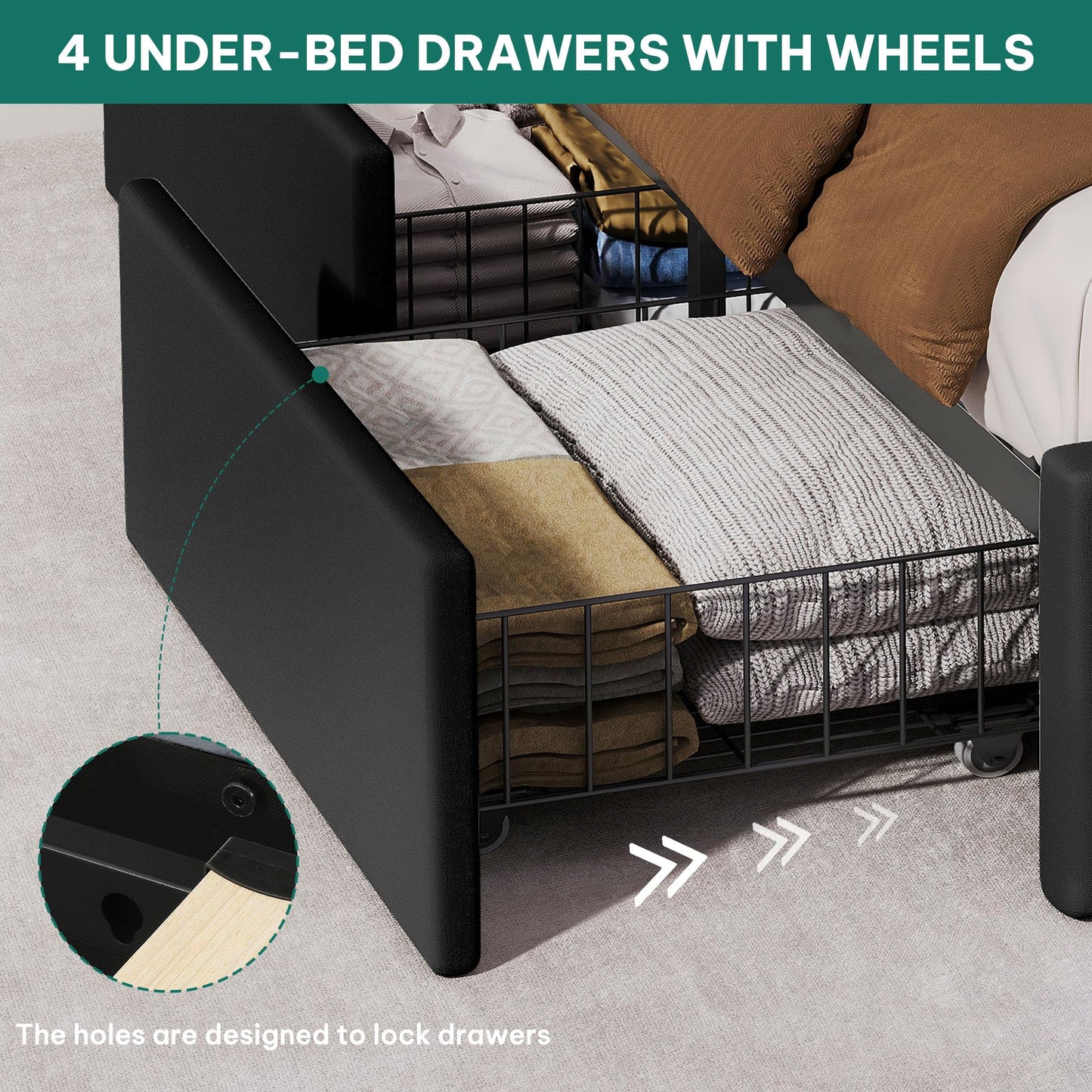 YITAHOME King Size Bed Frame with 4 Storage Drawers and RGB LED Lights, 57'' Tall Headboard Velvet Upholstered Bed with Charging Station, No Box Spring Needed, Easy Assembly, Noise-Free, Black