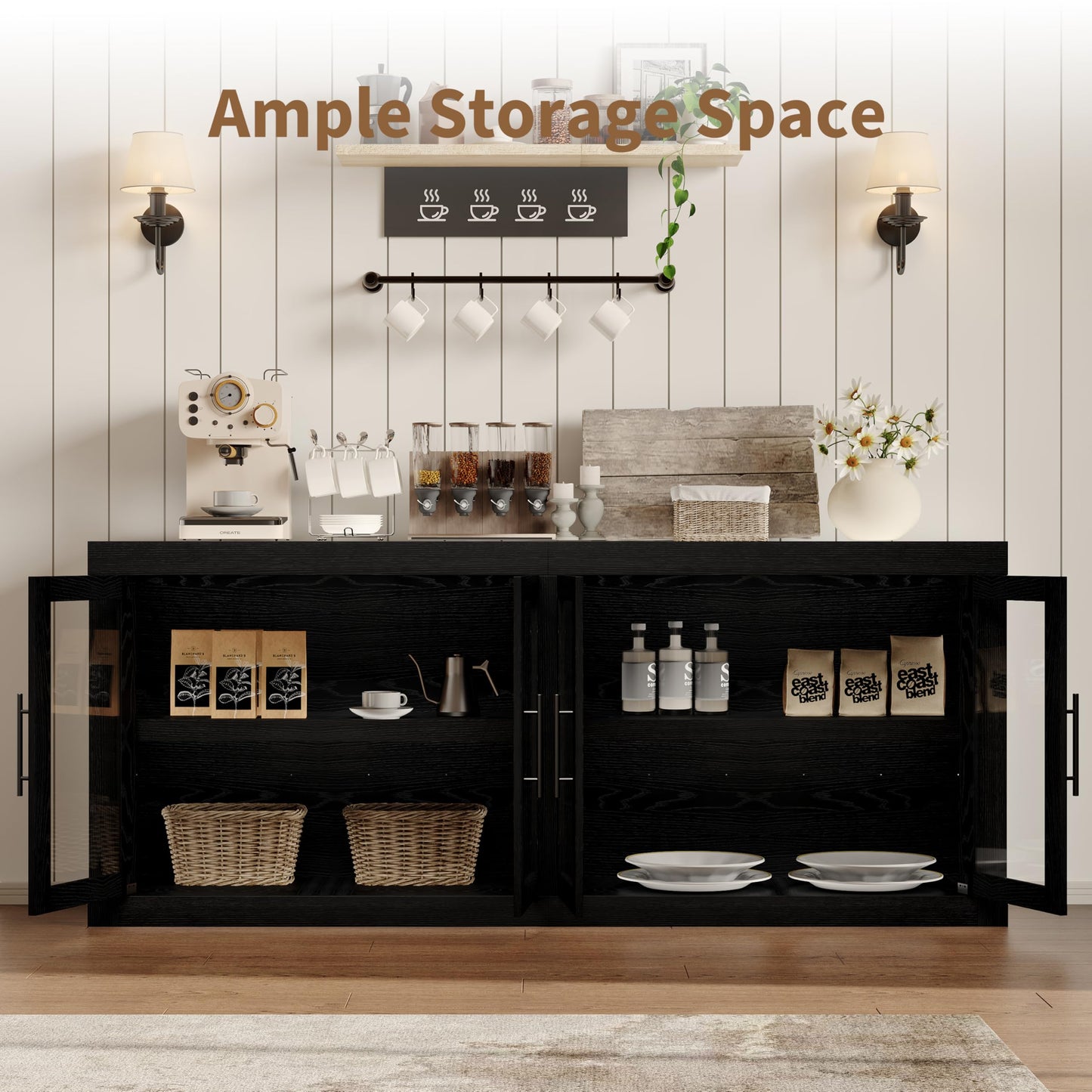 70.8" Sideboard Buffet Cabinet with 4 Glass Doors, Farmhouse Modern Accent Cabinet with Storage, Wood Coffee Bar Media Console Credenza for Living Room, Kitchen, Hallway, Black