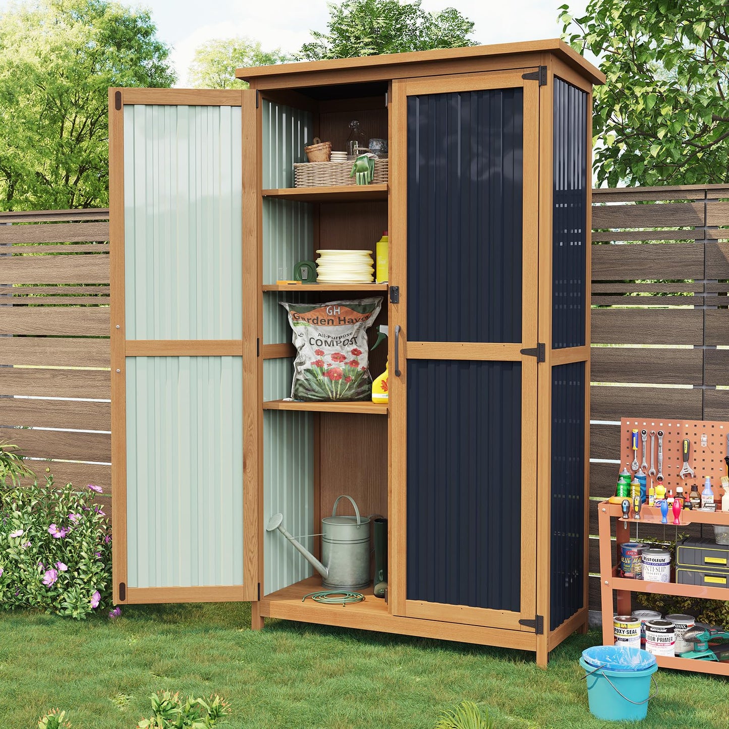Aoxun Outdoor Storage Cabinet Shed - Tall Tool Garden Vertical Cabinet with Weather-Resistant Roof, Double Lockable Doors, 3 Removable Shelves, for Backyard Garden Patio Lawn Indoor
