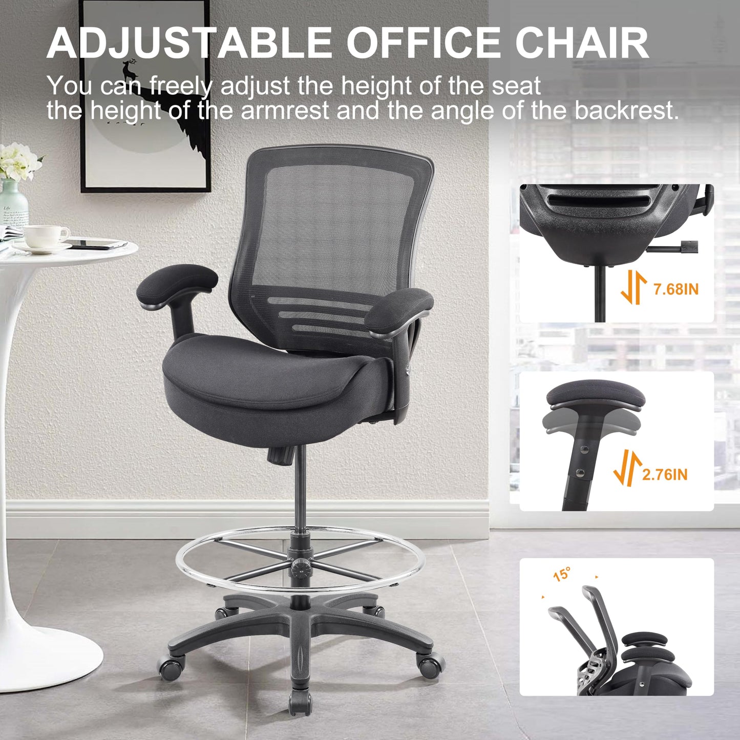 WITTLONG 400lbs Office Drafting Chair Wide Dual Seat Cushion for High Standing Desk with Lumbar Support and Enlarged Adjustable Footrest-Black