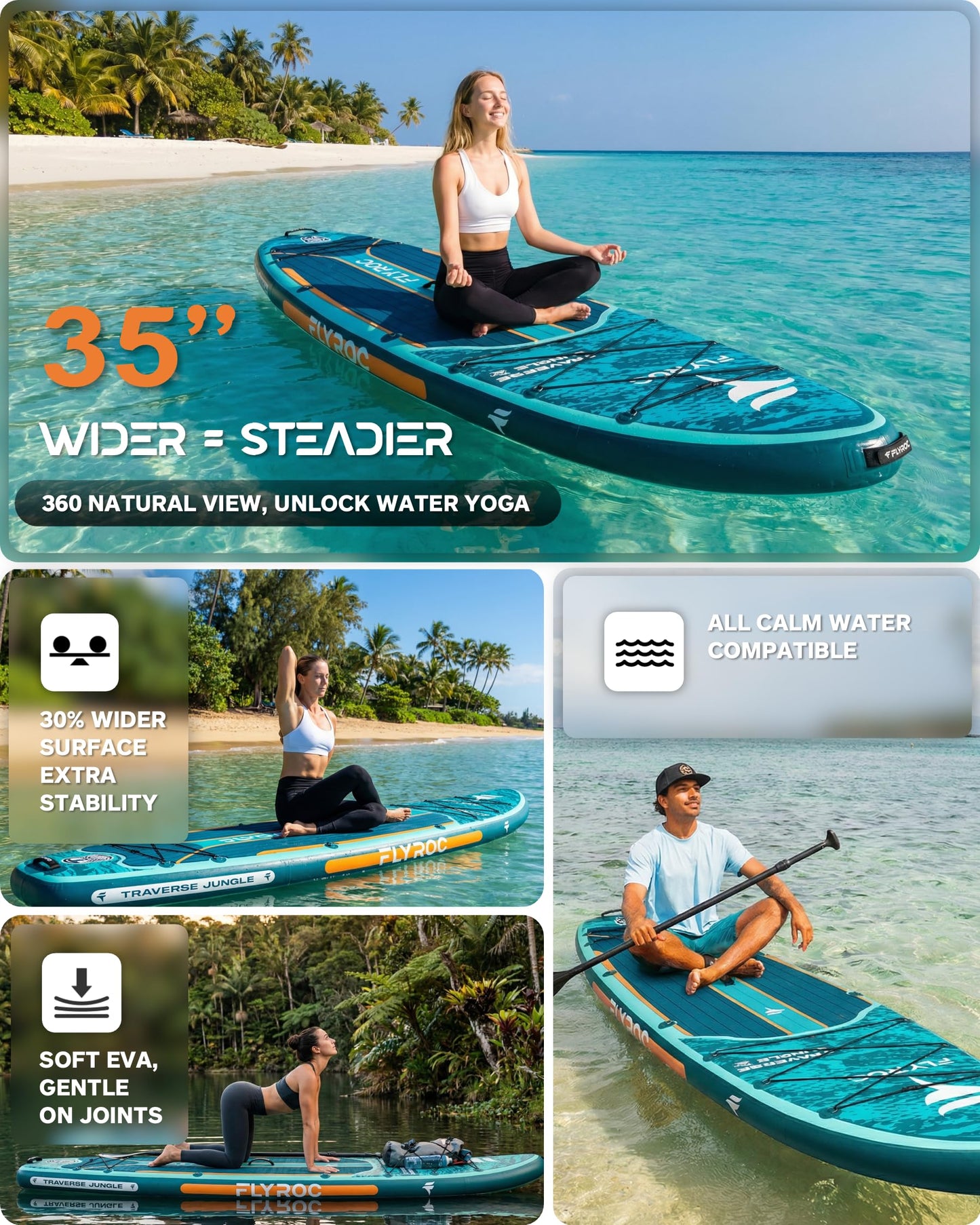 Flyroc 11'6"×35" Inflatable Stand Up Paddle Board, Extra Wide Inflatable Stand Up Paddle Board for Adults - 450LB Capacity Stable SUP Paddleboard for Fishing, Yoga & All Skill Levels, Blue