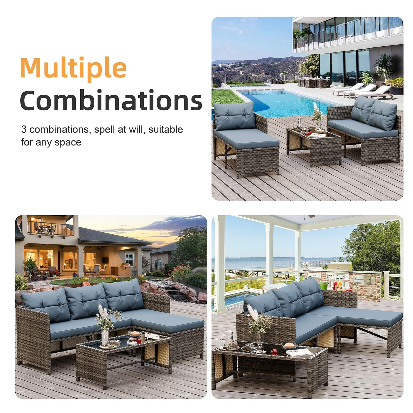Shintenchi 3 Pieces Outdoor Patio Furniture Sets, Wicker Patio Conversation Sets, All Weather Wicker Rattan Patio Seating Sofas with Glass Coffee Table and Cushion, Blue-Gray