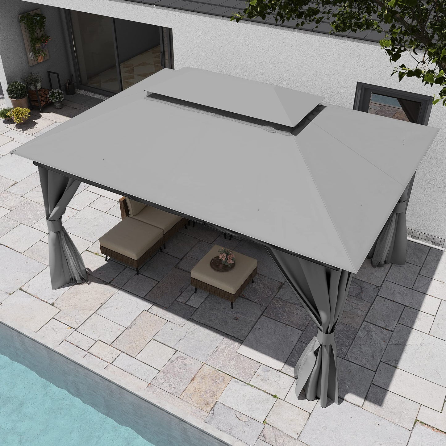 LAUSAINT HOME Patio Gazebo 10'x13', Outdoor Heavy Duty Party Tent Shelter with Double Roofs, Mosquito Nettings and Privacy Screens for Backyard, Garden, Lawn, Gray