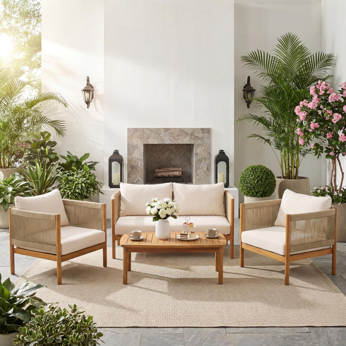 Christopher Knight Home Mayeq 4-Piece Acacia Wood Patio Furniture Set, Outdoor Conversation Sofa Set with Club Chair and Coffee Table, Patio Sectional Chat Set for Backyard Balcony, Teak+Cream