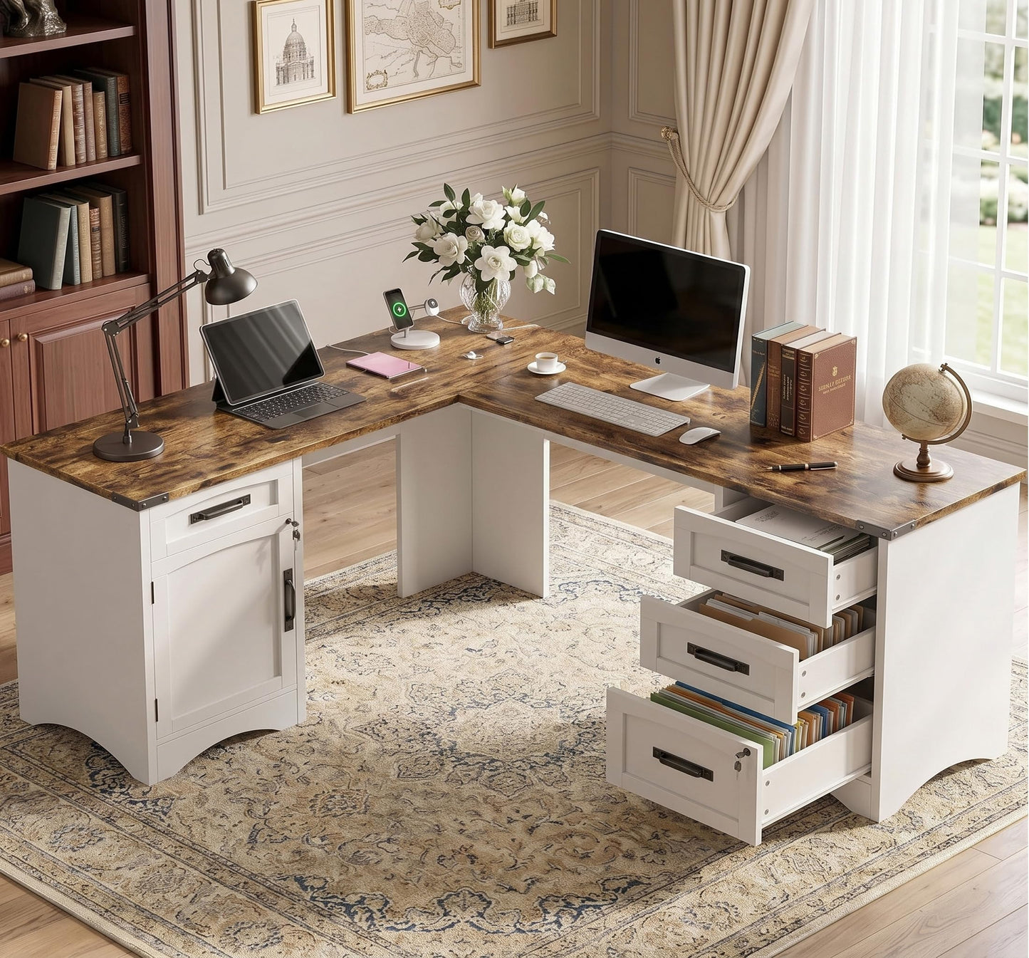 Decofy 67" Farmhouse L Shaped Standing Desk with Drawers Home Office Executive Desks with Fast Charging Station, Lockable File Cabinet, Wood Writing Computer Desk for Work, Study, White
