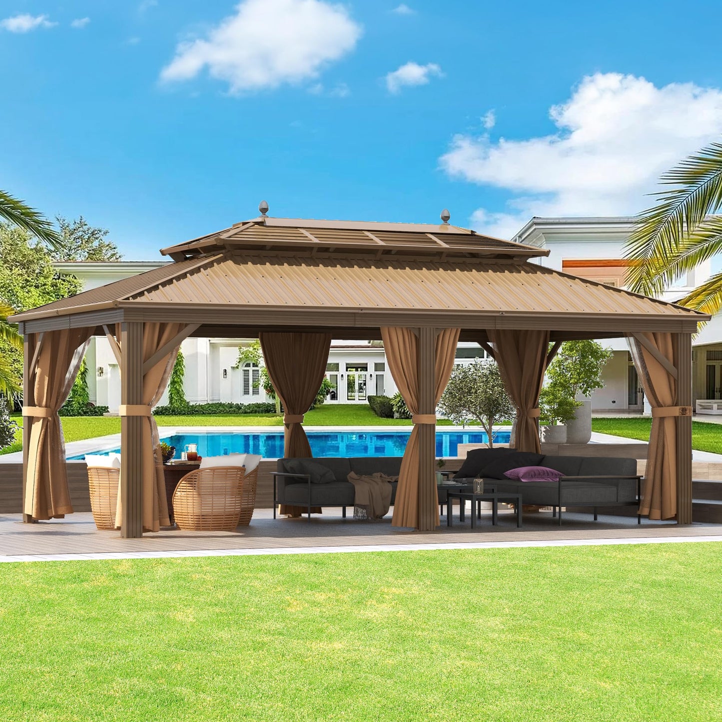 DWVO 12x20 ft Hardtop Gazebo with Nettings and Curtains, Outdoor Heavy Duty Aluminum Gazebo Combined of Horizontal and Vertical Stripes Roof for Patio, Backyard, Deck, Lawns and Balcony (Bronze)