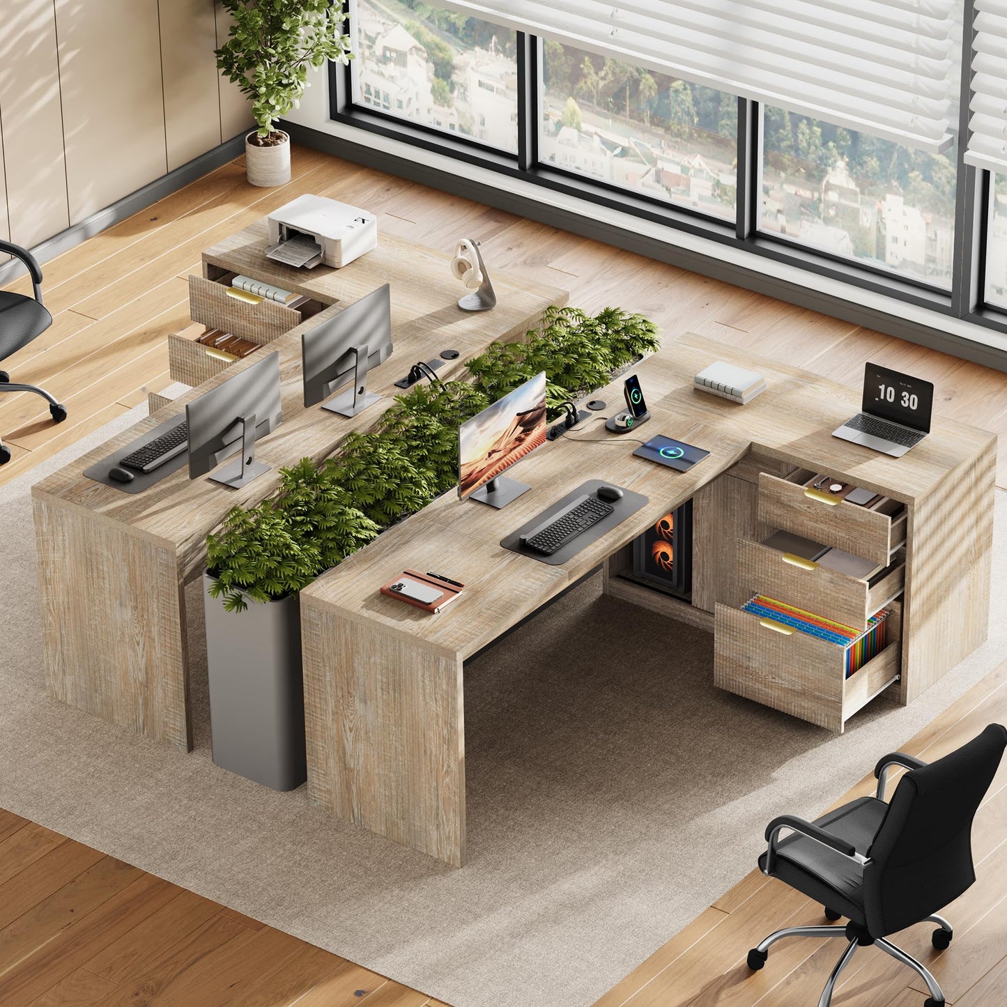 Homiflex 78.7" L-Shaped Executive Desk with Drawers and File Cabinet, Farmhouse Large Office Desk with Power Outlets & Sliding Door Storage, Corner Computer Desk for Home Office Gaming, Natural Oak