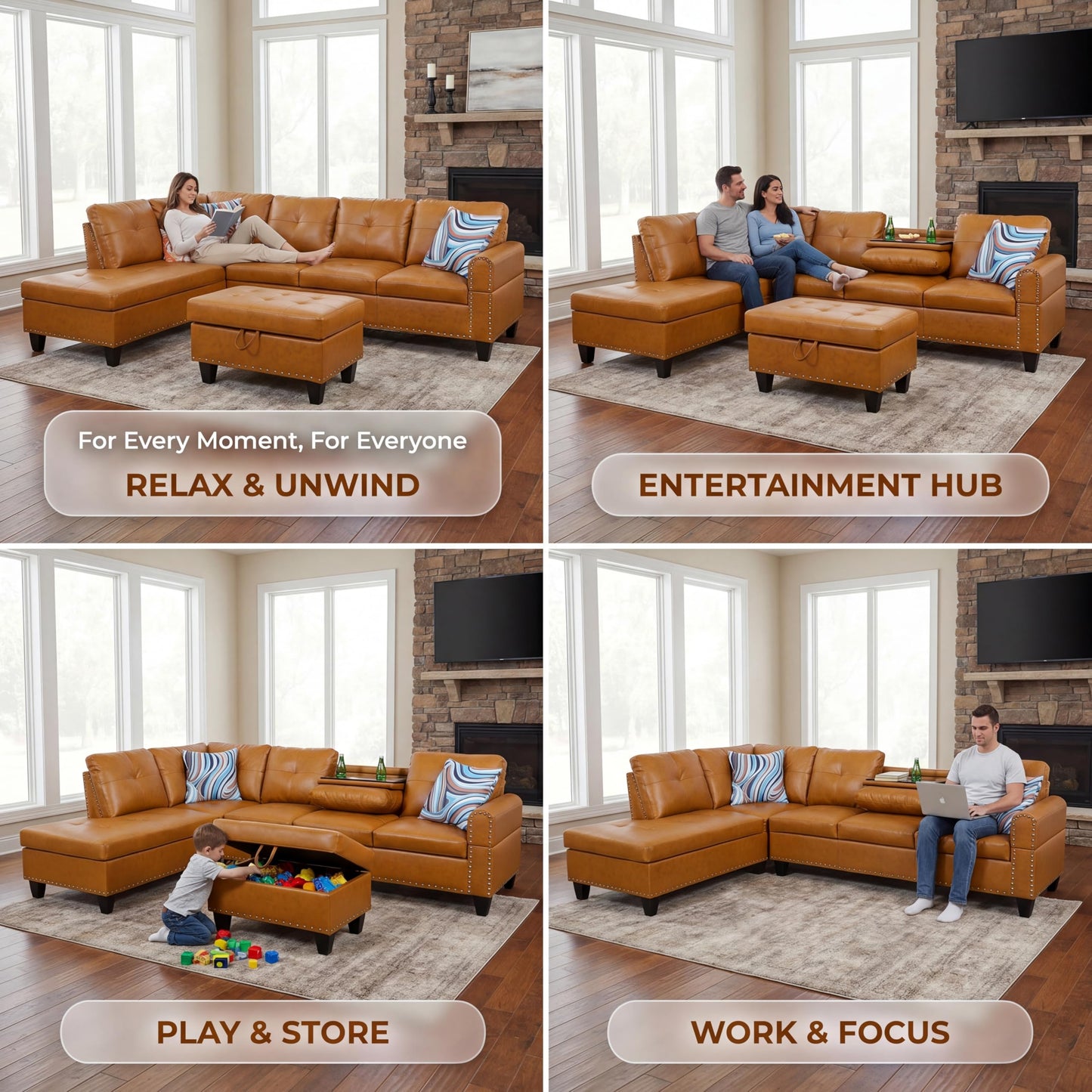 Topcomfy Leather L Shaped Sectional Couches for Living Room - 97.5“ x 69.5" Modular Sectional Sofa with Storage Ottoman, 4 Seat Home Sofa Living Room Furniture Sets with Chaise for Apartment, Ginger