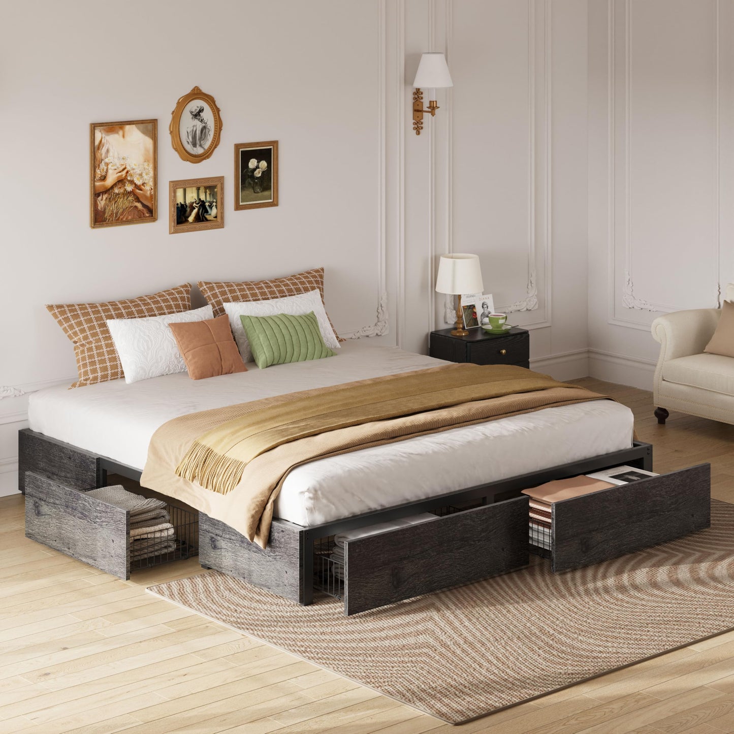 LIKIMIO King Bed Frame with Storage, 4 Drawers and Heavy Strong Metal Support Frames, Solid Stable, Noise-Free, No Box Spring Needed, Easy Assembly, Charcoal Grey
