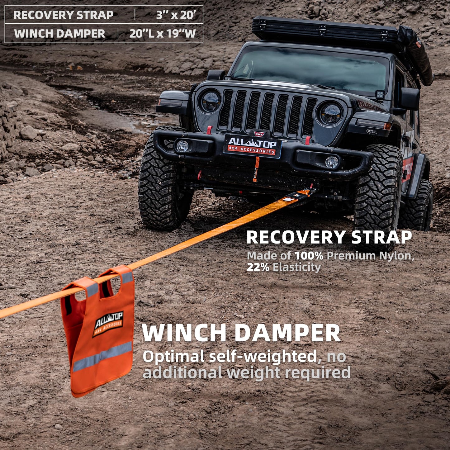 ALL-TOP Recovery Pack Pro 11in1: Water-Resist Offroad Gear Bag with Recovery Strap Kit(3), Damper, 2 Soft Shackles, SS Hitch Mount, Recovery Ring, Deflator & Gloves