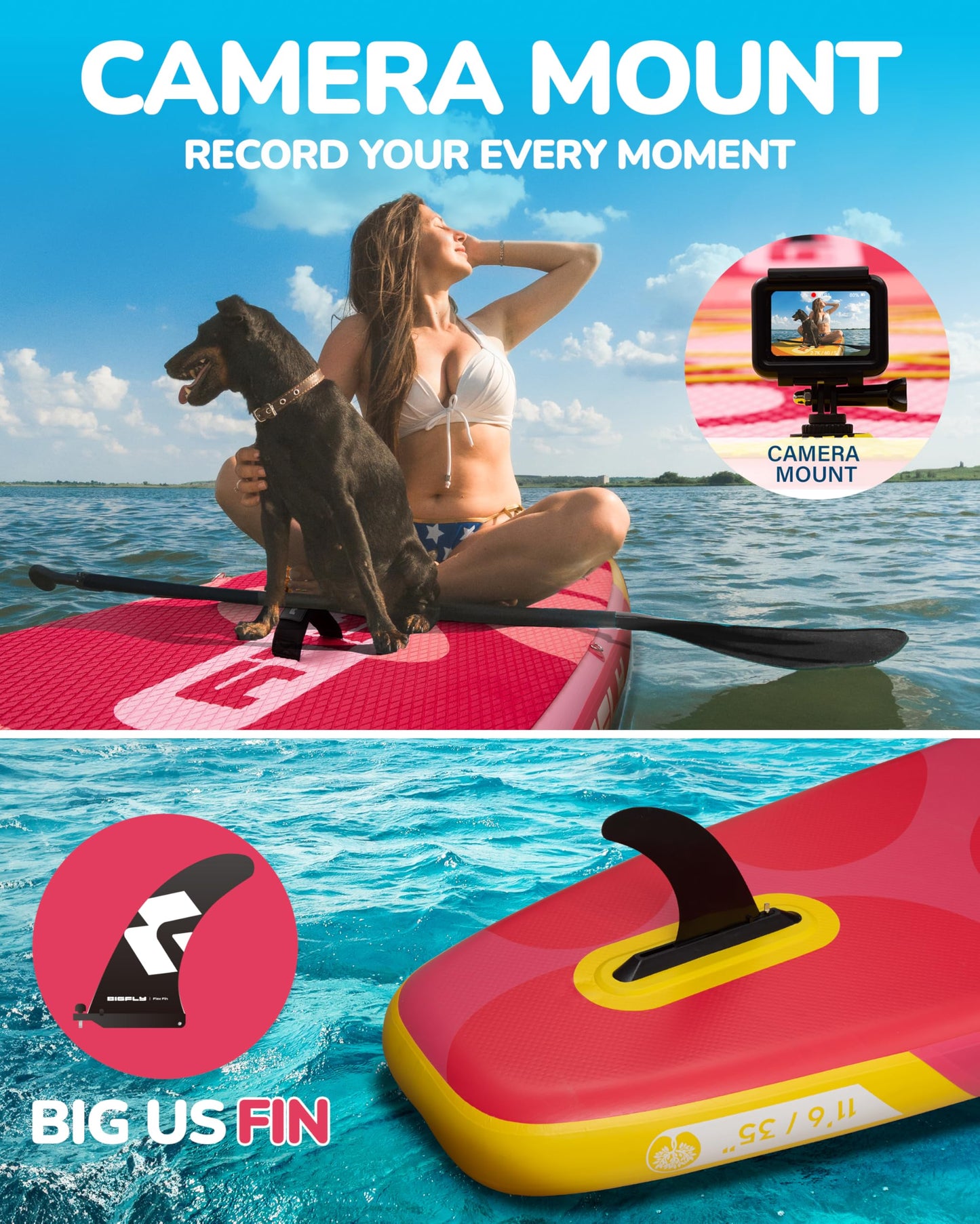 BIGFLY 11'6"x35"x6" Inflatable Non-Slip Stand Up Paddle Boards with Kayak Paddle 4pcs, Kayak Seat, Anti-Slip Scratch Resistant Widened SUP Board for Pet Dog Family Board Travel Leisure