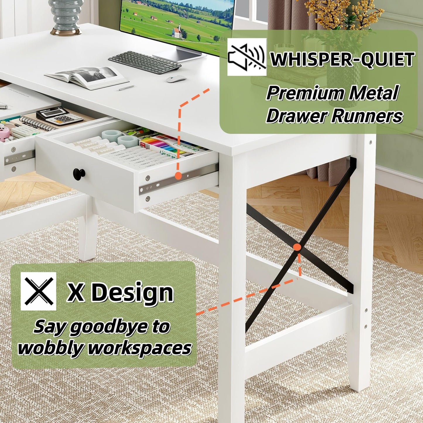 JSB 43.3'' White Computer Desk for Home Office,Farmhouse Executive Desk with 2 File Drawers,Study Writing Table Storage Cabinet,Makeup Vanity Desk for Bedroom (White, 43.3in)