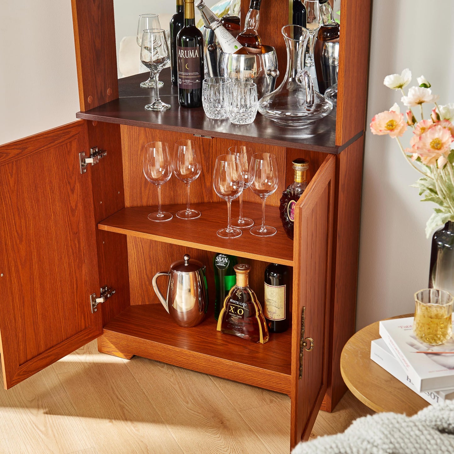 GDFStudio 70.89" Tall Corner Storage Cabinet with Doors, 5-Tier Wine Rack Display Cabinet with Mirrored Back Adjustable Shelves, Wood Coffee Bar Cabinet for Living Room Kitchen Dining Room, Dark Oak