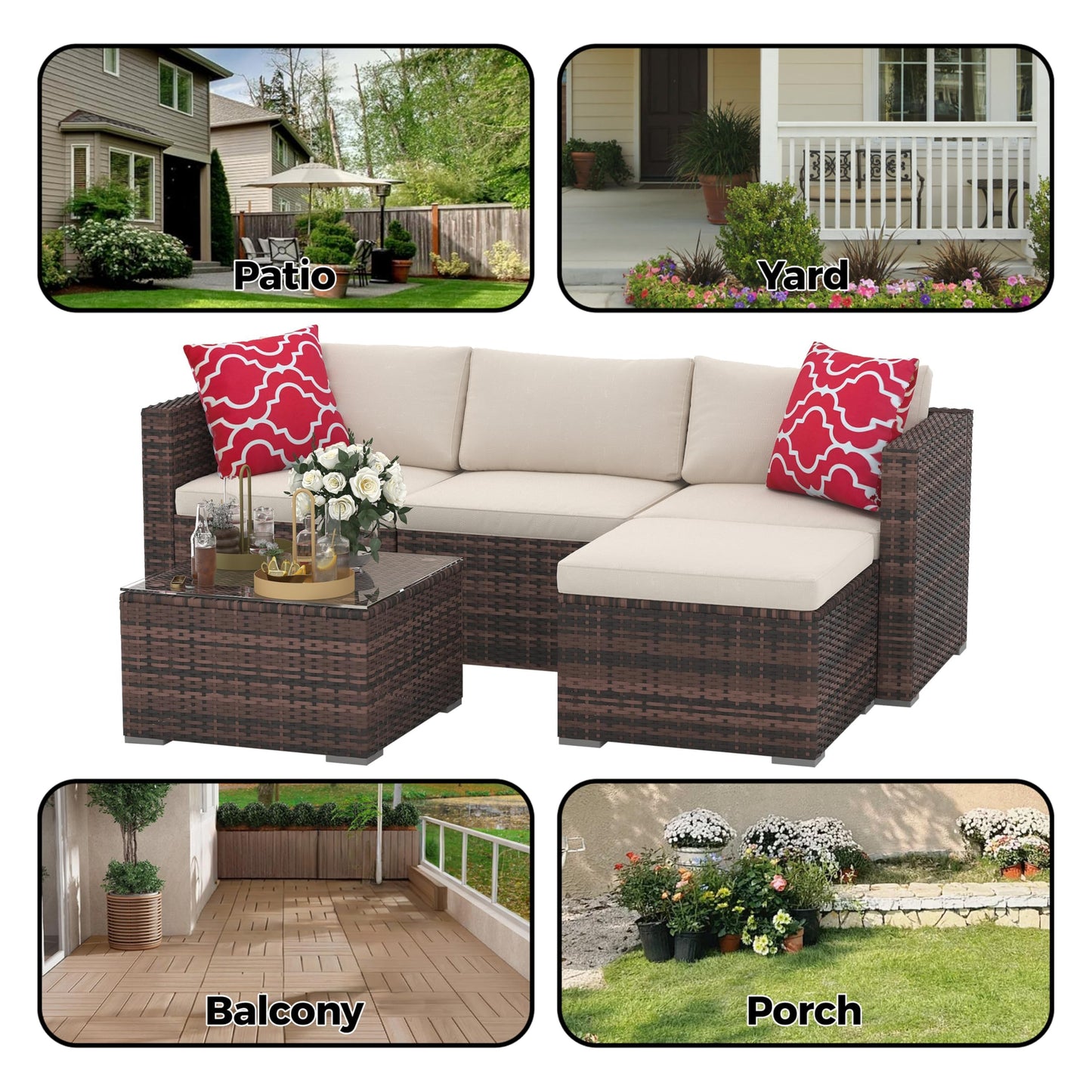 Garvee 5 Pieces Patio Furniture Set, Outdoor Glass Table and Cushions with Rattan Wicker Chairs, Patio Furniture Set for Porch, Balcony, Backyard, Garden, Gray & Blue