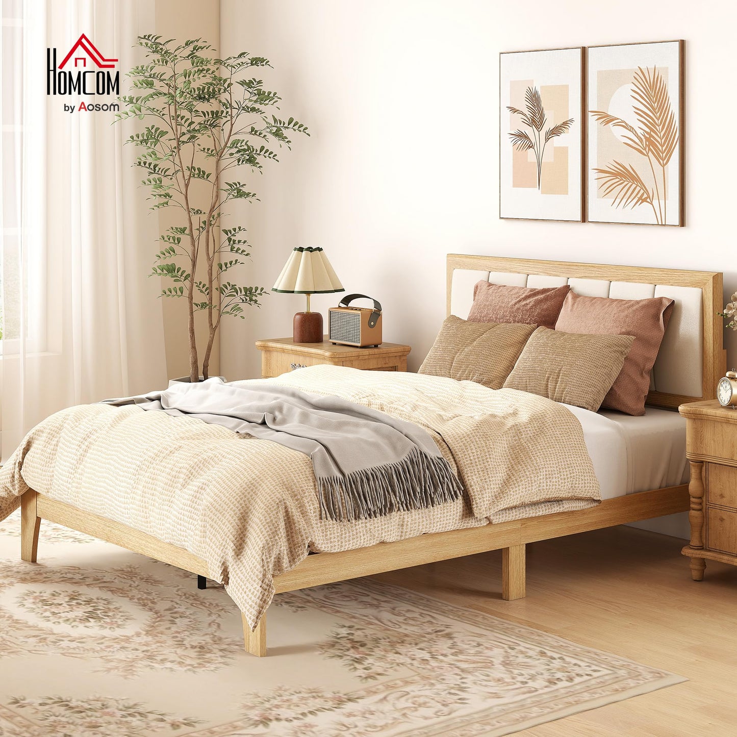 HOMCOM Full Size Bed Frame with Upholstered Headboard, Platform Bed Frame with Wooden Slats, No Box Spring Needed, Easy Assembly, Natural
