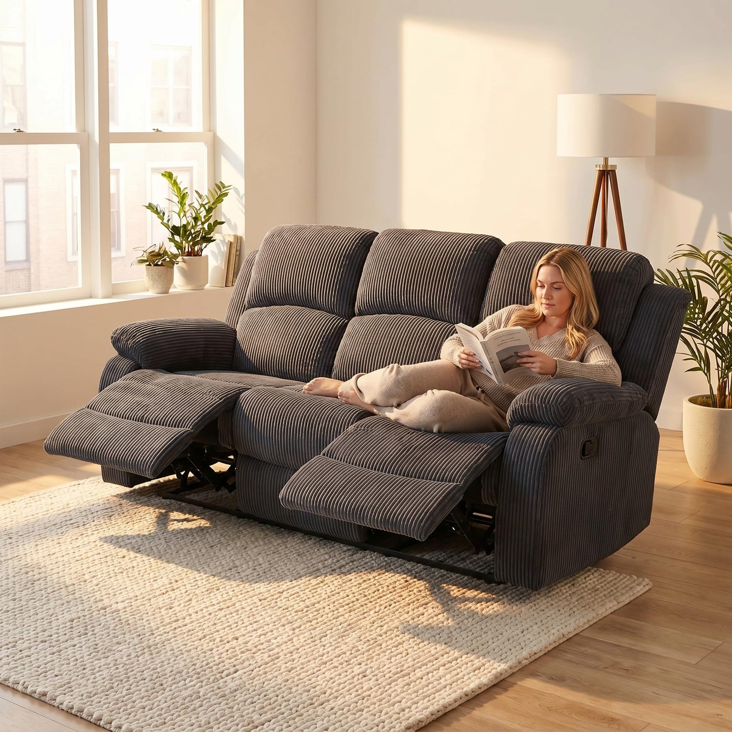 Trygoal Corduroy Power Recliner Sofa Set, Corduroy Recliner Couch Sets with Multi Angle Reclining, 3 Piece Sectional Sofa with USB Charging Port for Home Theater, Living Room, Office, Dark Gray