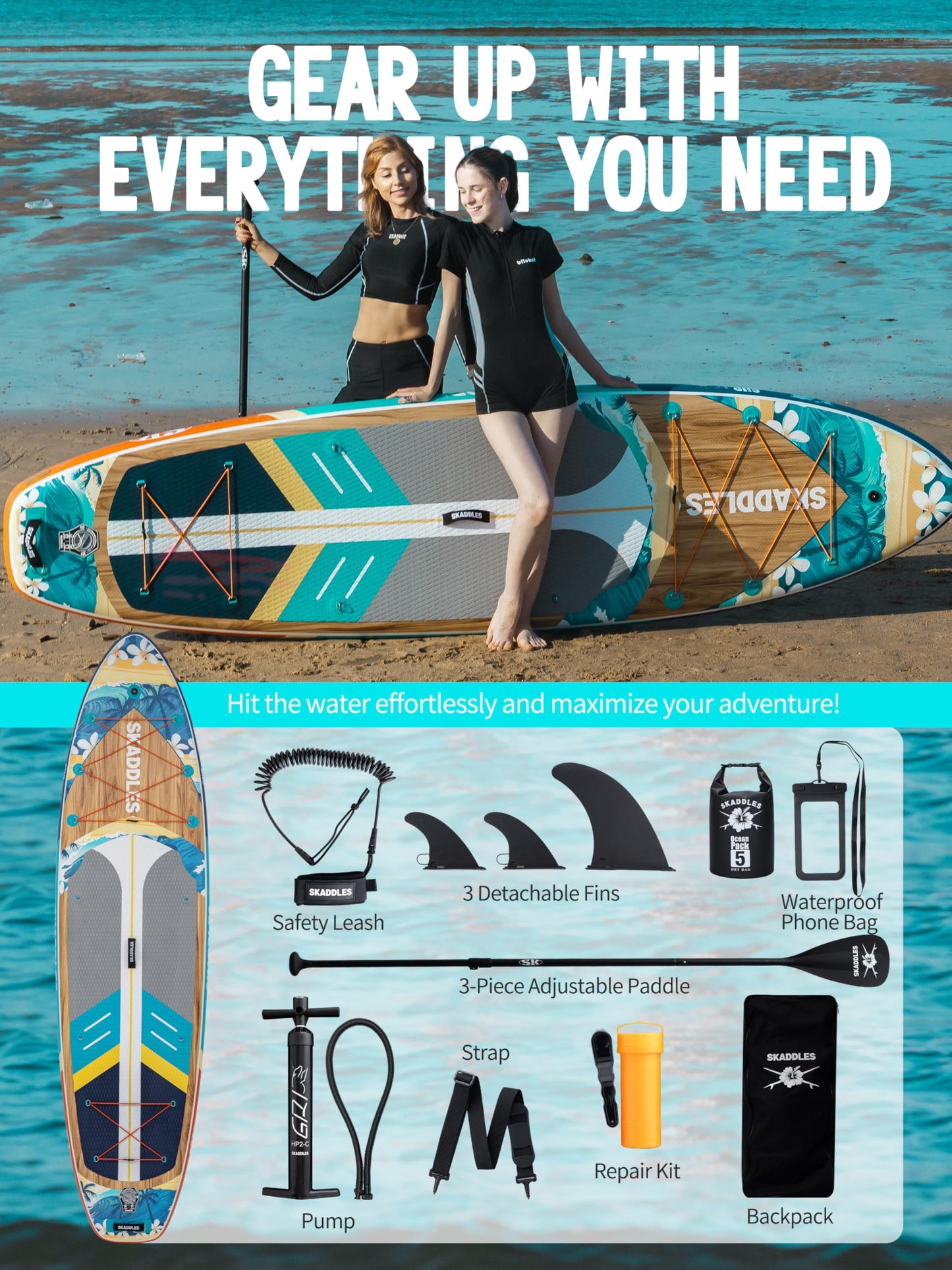 11' Inflatable Stand Up Paddle Board – Extra Wide SUP Paddleboard for Adults, Premium Inflatable Board with Paddle, Pump, Fins, Backpack, Leash & Waterproof Bags (Island Wave)