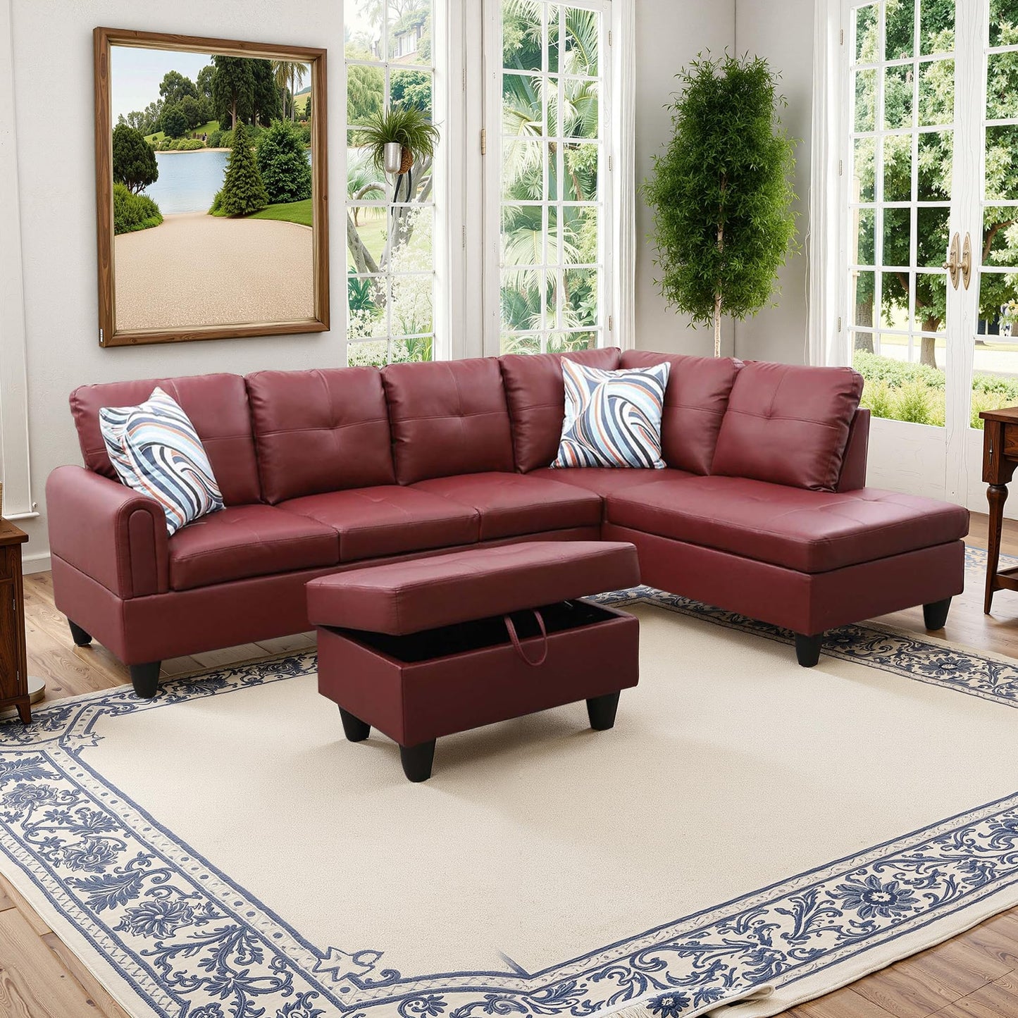 NicBex Sectional Couch 3 Pieces Sofa Set, L-Shaped Modular Couches for Living Room, Furniture Sets with Lounge Chaise & Storage Ottoman, Multi-Scene Use for Apartment & Office, Ruby