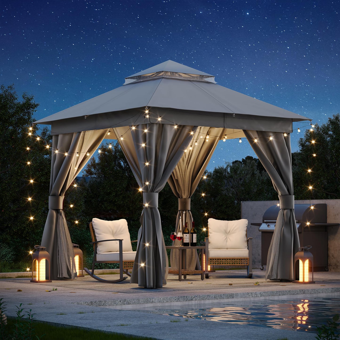 LAUSAINT HOME Patio Gazebo 8'x8', Outdoor Heavy Duty Party Tent Shelter with Double Roofs, Mosquito Nettings and Privacy Screens for Backyard, Garden, Lawn, Gray