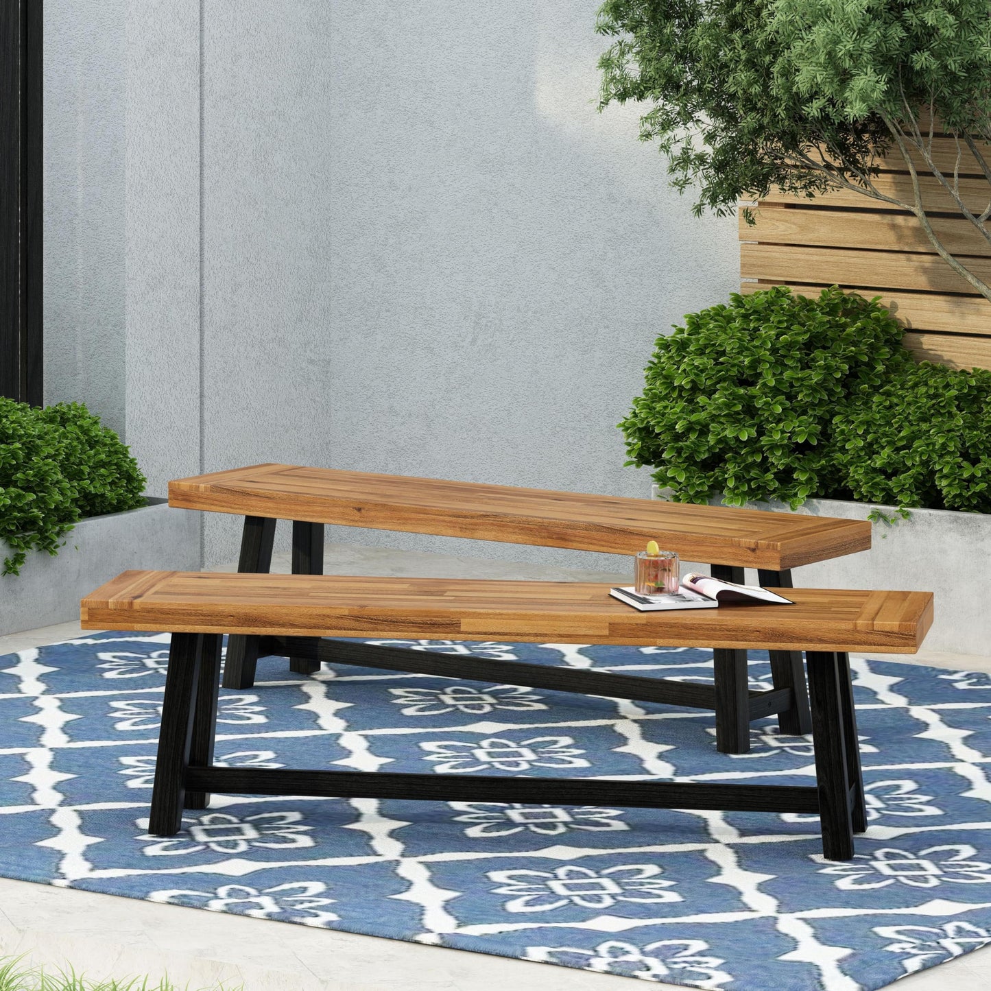 Merax 2-Piece Acacia Wood Outdoor Benches Set, 63" Rustic Patio Bench with Sandblast Teak Finish and H-Stretcher Design, Solid Hardwood Garden Bench for Dining, Porch, Fire Pit, Teak+Black
