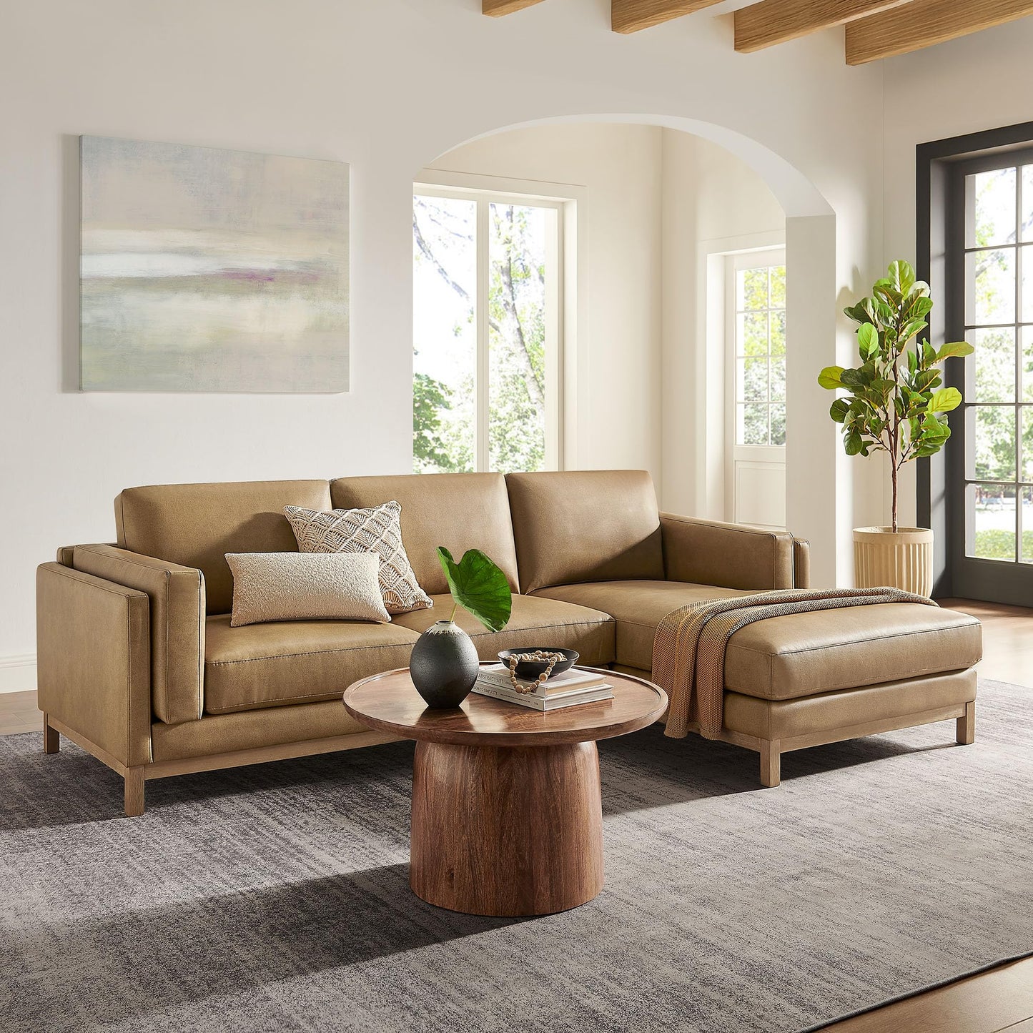 Modway Roscoe Right-Facing Sectional Sofa with Chaise in Toast - 2-Piece Faux Leather Upholstered Deep Seat Couch, L Shaped Modular for Living Room or Lounge