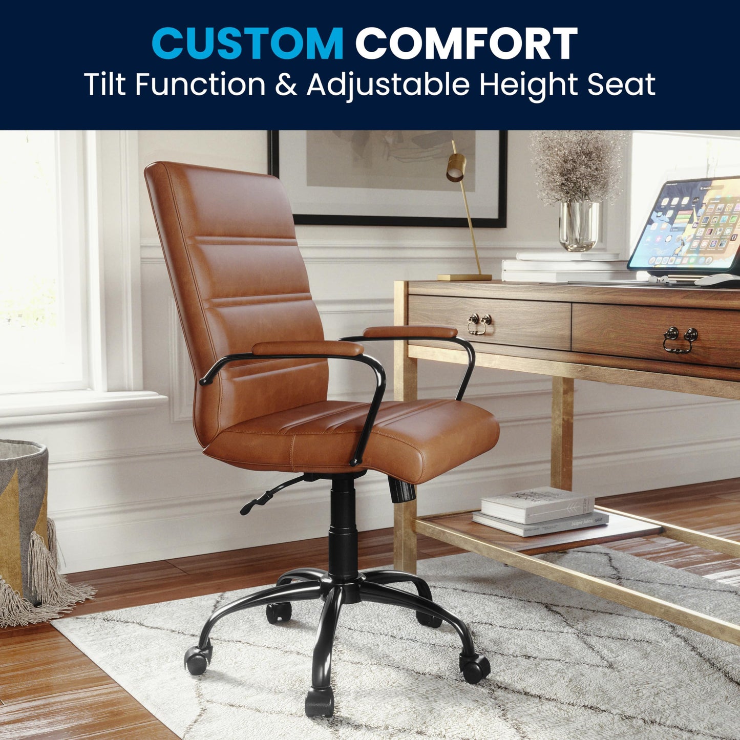 Flash Furniture Whitney Mid-Back Desk Chair - Brown LeatherSoft Executive Swivel Office Chair with Black Frame - Swivel Arm Chair
