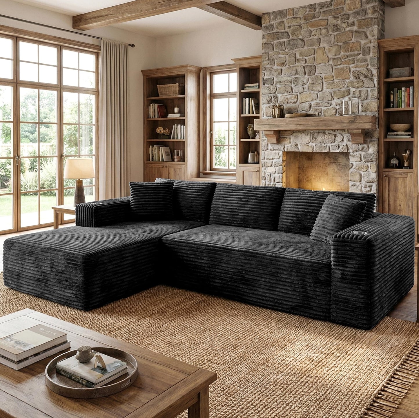Shintenchi Boneless Couches for Living Room with 2 Cup Holders,L Shaped Modular Sectional Sofa Set,No Assembly Needed Plush Corduroy Living Room Set,Black