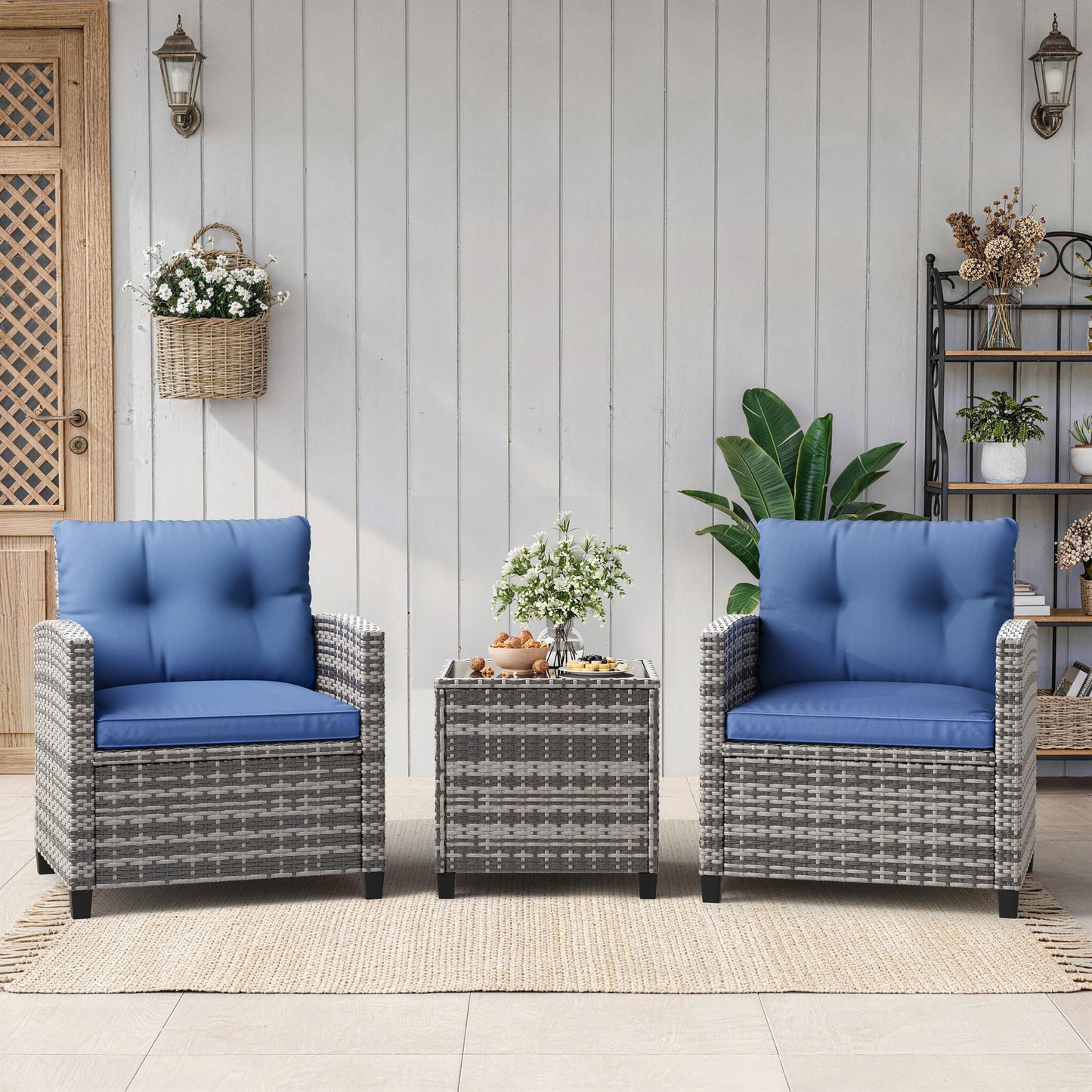 GarveeLife 3 Pieces Patio Furniture Set, PE Rattan Patio Conversation Set with Tempered Glass Tabletop, Outdoor Wicker Chairs and Table Set for Patio Balcony Garden, Grey & Blue